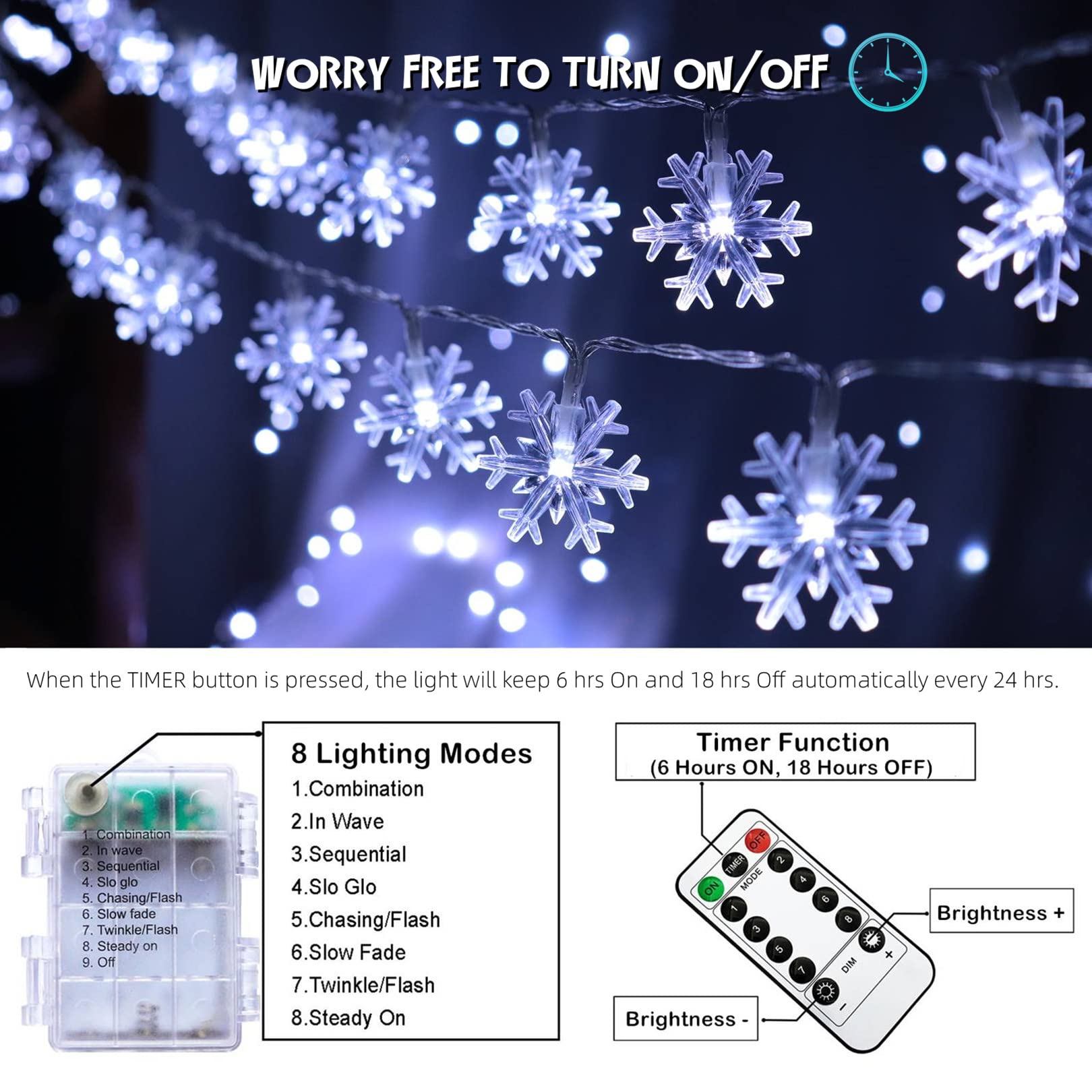 Christmas Snowflake Lights, 20 Ft 40 Led Battery Operated String Lights With Remote, 8 Modes Timer Waterproof Hanging Decor Bedroom Room Party Wall Indoor Outdoor Xmas Tree Decorations White