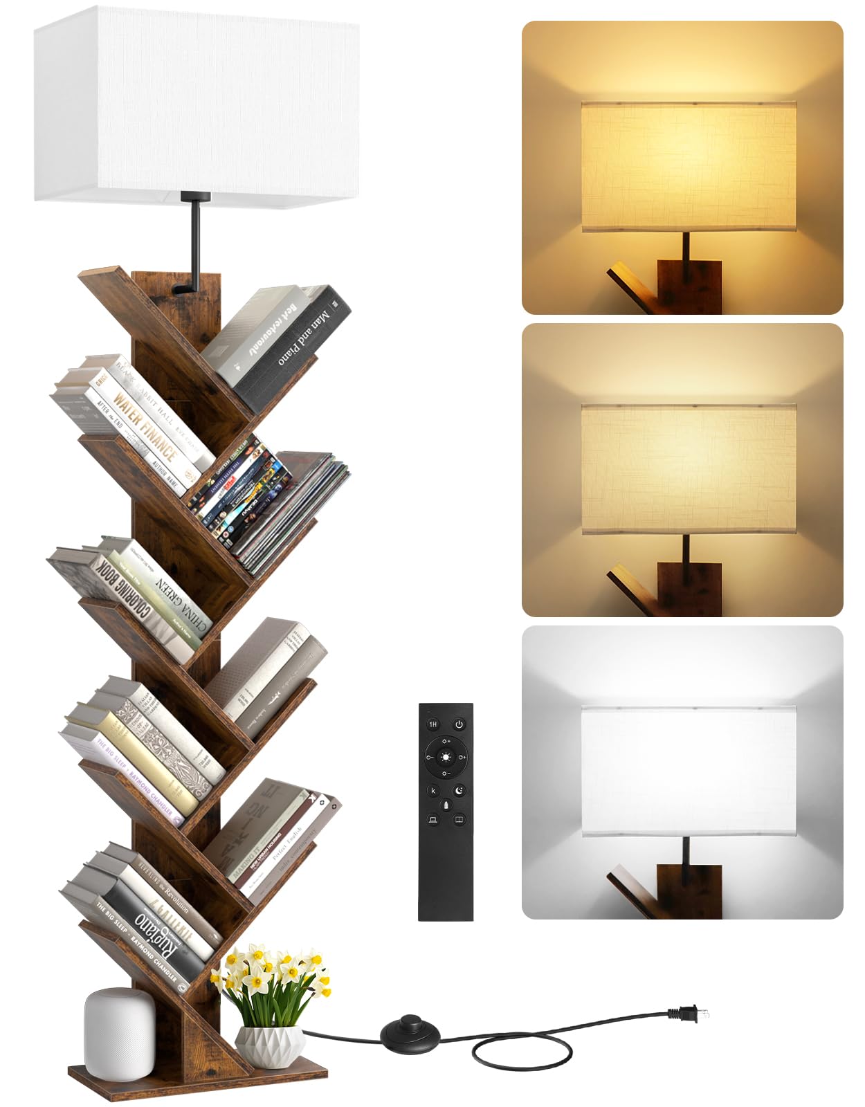 Outonlife 9 Tier Tree Bookshelf With Lamp, Remote & Timer, Modern Tall Floor Standing Book Shelf, Narrow Wood Bookcase, Small Bo