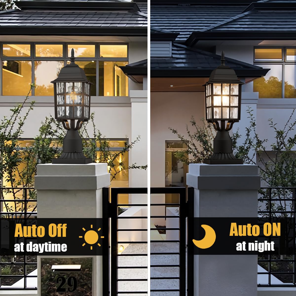 Aoceley 2-Pack Dusk To Dawn Outdoor Post Light With Pier Mount Base, Black Water Ripple Glass