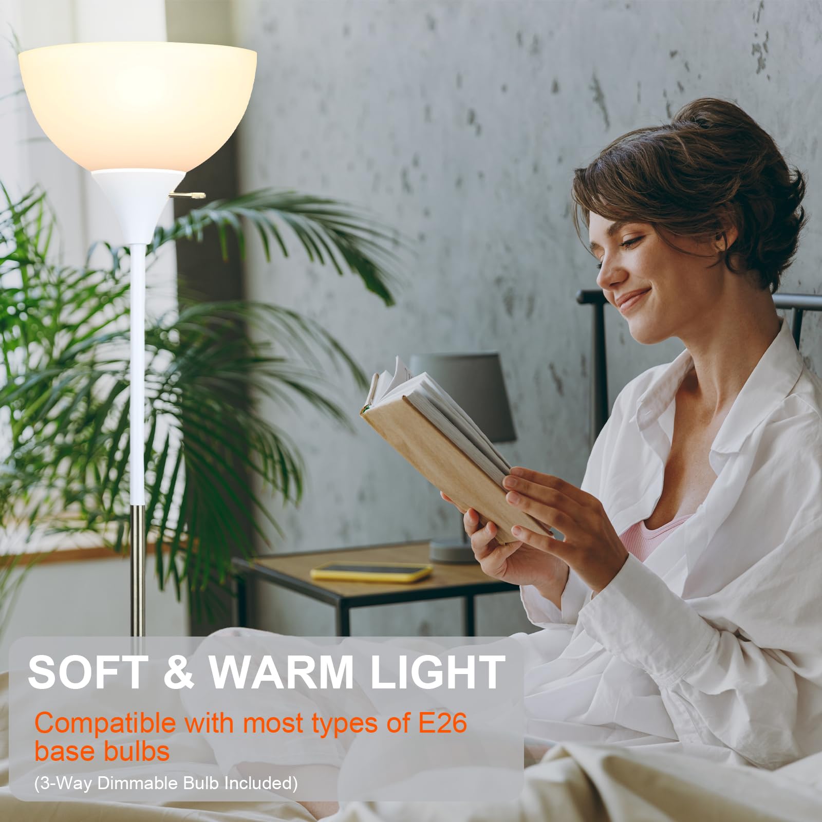 LALISU Floor Lamp, LED 3 Way Dimmable, Metal, White, Model LALISUAF09, Modern Industrial Design for Living Room, Bedroom, Office