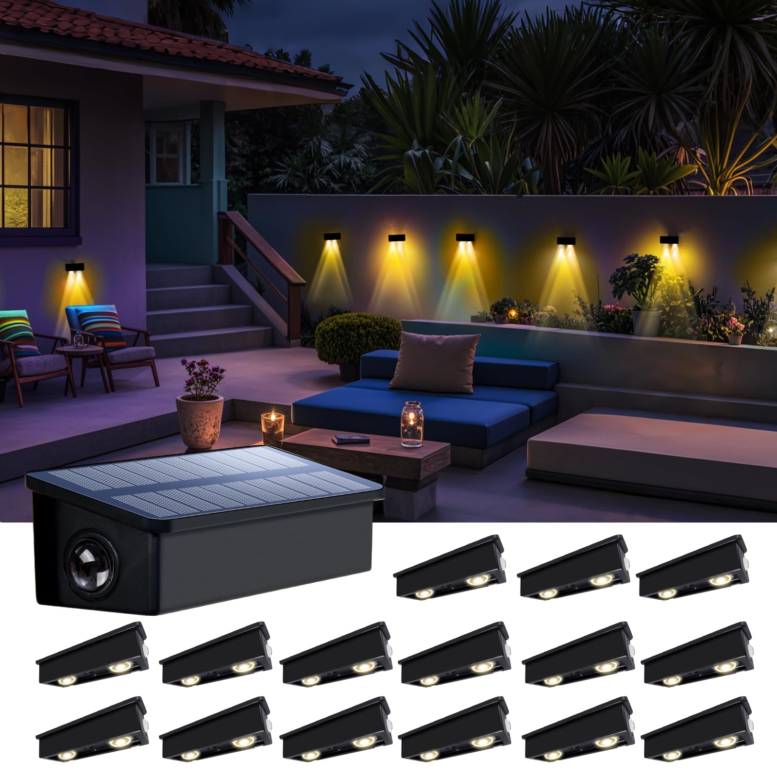 Fence Lights Solar Powered Outdoor Waterproof Outside Wall LED Landscaping Lamp 16 Pack for Yard  Deck  Patio  Rail  Garage  Pool  Balcony  Energy Efficient Warm White Safety and Ambiance Easy Install