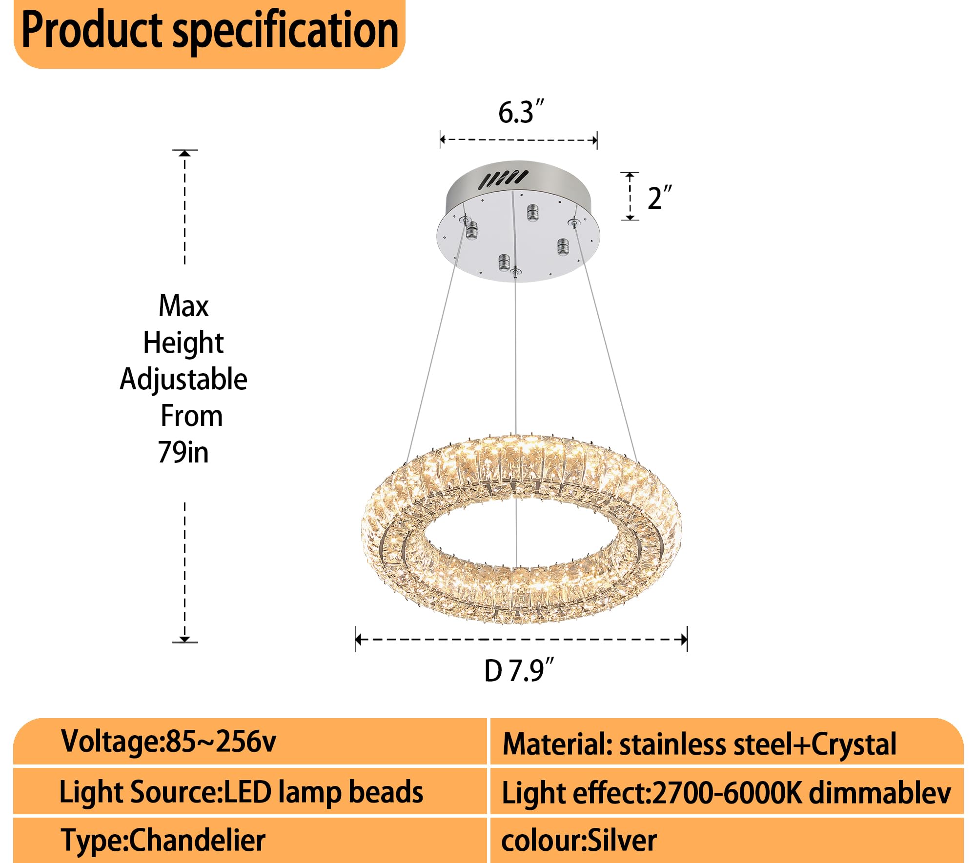 IDEQUY Modern Crystal Chandelier LED Pendant Light 7.8" Adjustable Silver CF8022-20Y for Dining Room Living Room