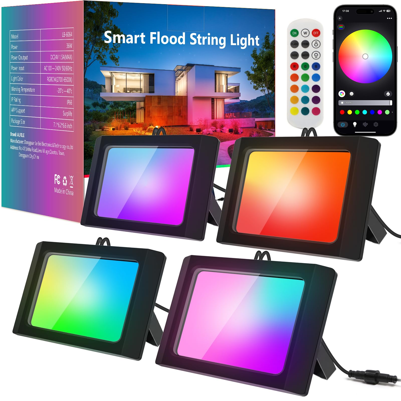 Alfele 36W Rgbw Led Flood Light, Color Changing Outdoor Lighting, Remote Control, Ip66, 4 Pack