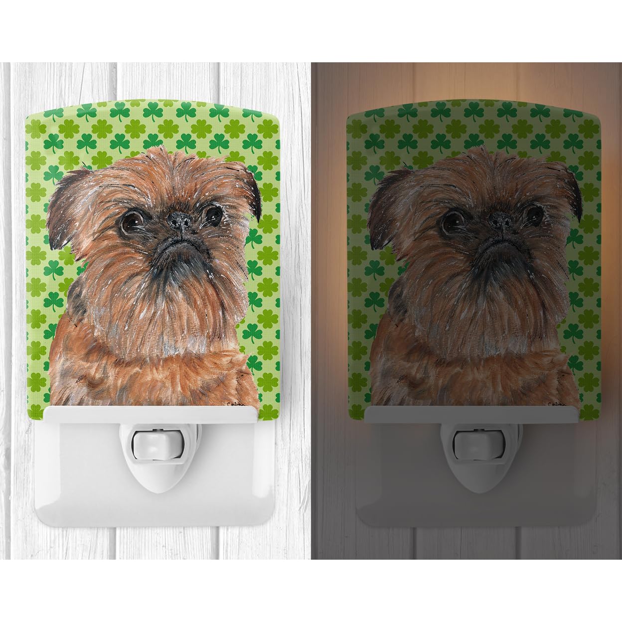 Caroline'S Treasures Sc9572Cnl Brussels Griffon Lucky Shamrock St. Patrick'S Day Ceramic Night Light Compact, Ul-Certified, Ideal For Bedroom, Bathroom, Nursery, Hallway, Kitchen, 6X4X3, Multicolor