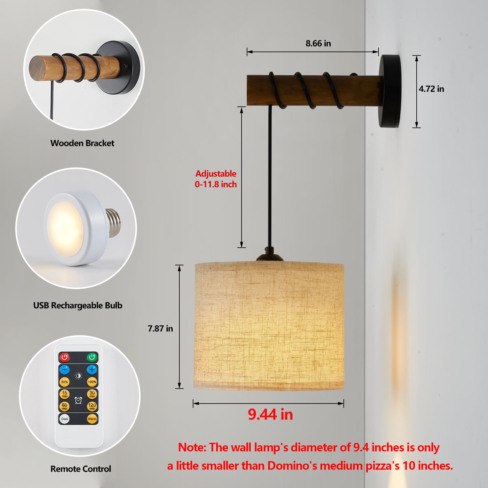 XSDeTu Rechargeable Wall Sconces Set of 2, Modern Dimmable Lamps with Wooden Arm, 9.4 Inch, Battery Powered, Remote Control, Round
