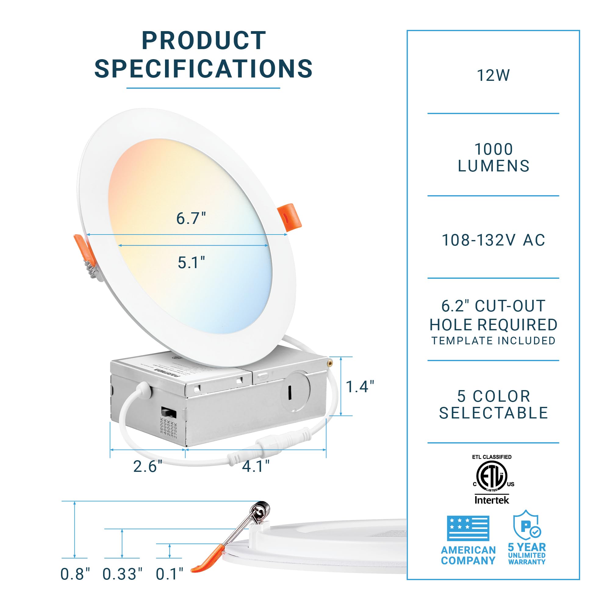 Parmida 6 Inch Ultra-Thin LED Recessed Ceiling Light, 24 Pack, 5CCT Dimmable, IC Rated, ETL, 12W, 2700K