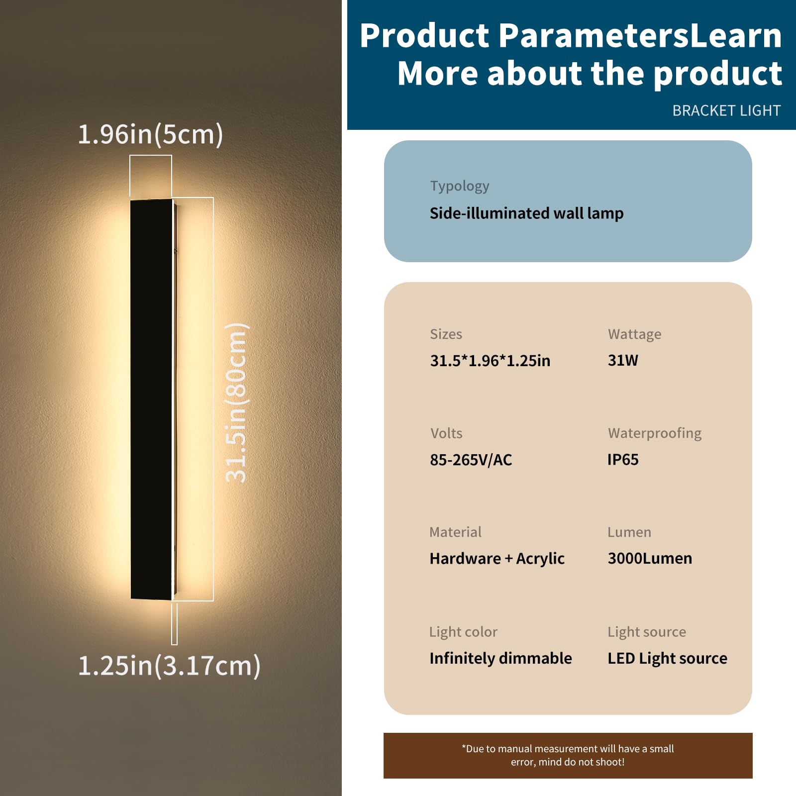 Daoseolo 2 Pack Outdoor LED Wall Sconce, Dimmable 3000K-6000K, 31.4inch, Black Aluminium, IP65 Waterproof, Model TC-CB