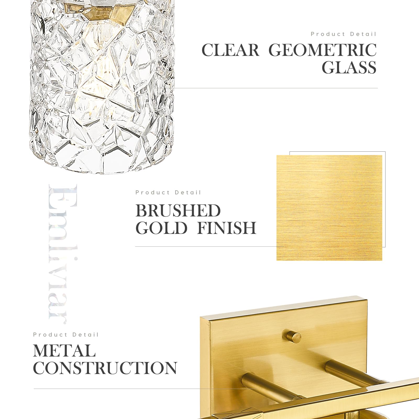 Emliviar 3-Light Bathroom Vanity Light Fixture, Brushed Gold, Clear Geometric Glass, 22 Inch, Model HE294B-3W BG