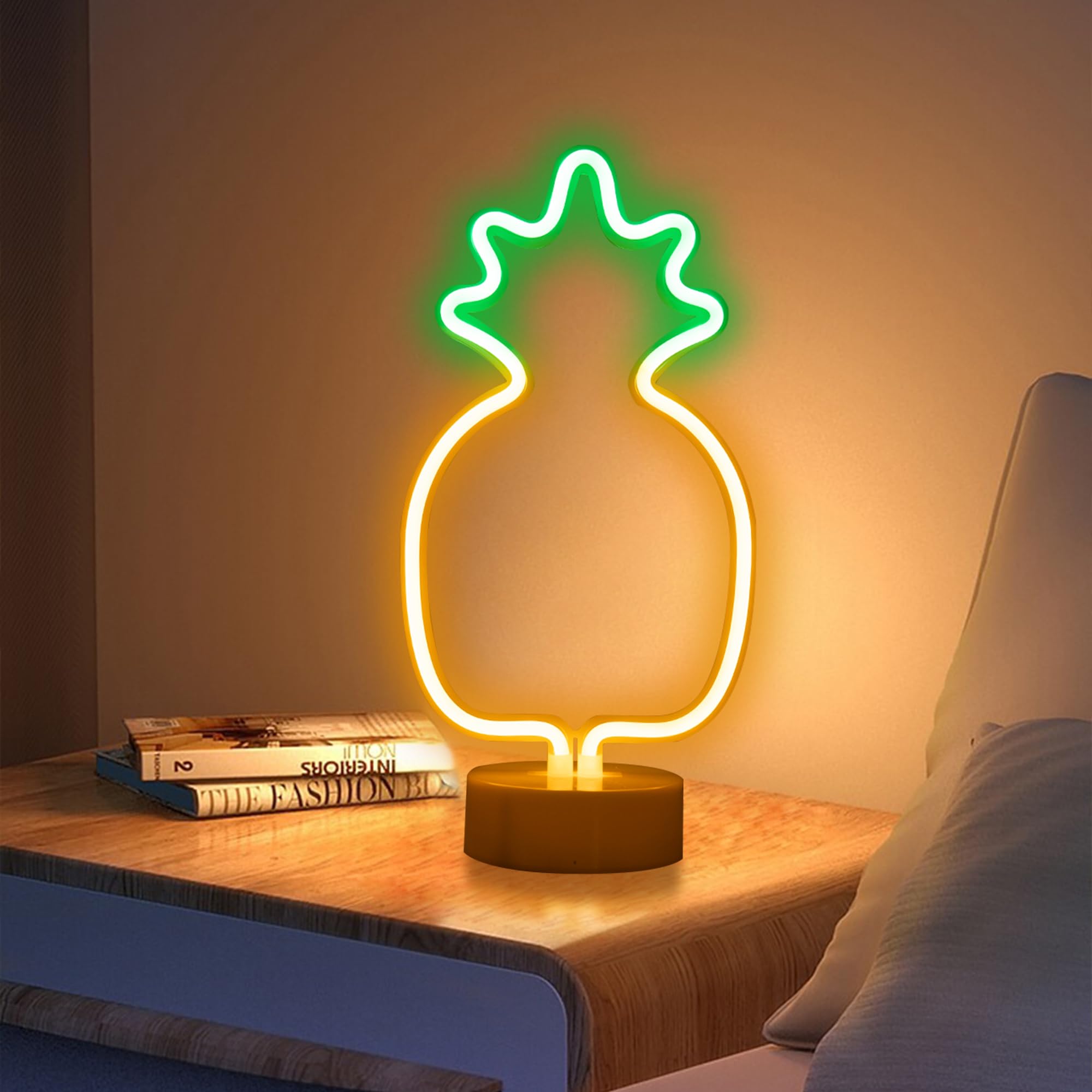 Enuoli Pineapple Neon Signs Warm White Led Neon Light Sign With Holder Base Indoor Decor Battery Operated Lights For Home Party