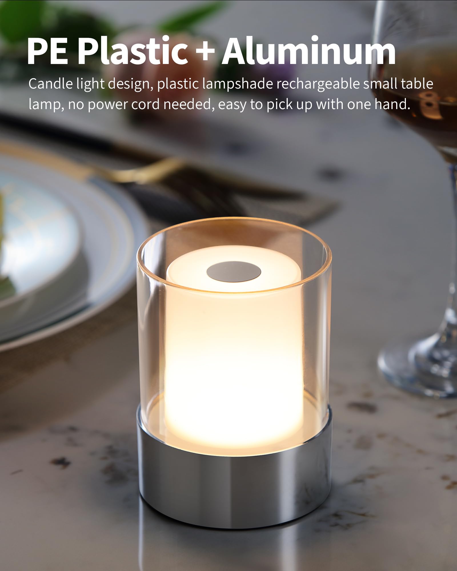 Newsee Led Touch Night Light 4&quot; For Nursery & Outdoor, Rechargeable Chrome Table Lamp, Set Of 2