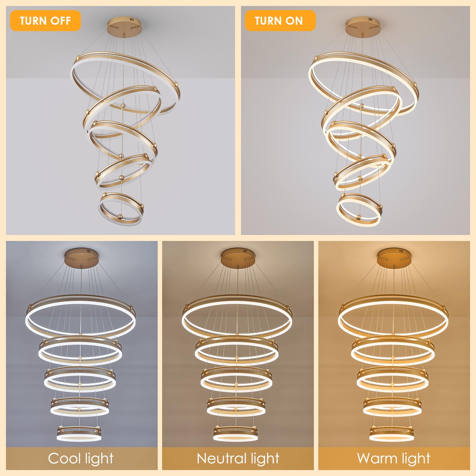 Benkut 10-Rings Modern Led Chandelier Gold Large Dimmable Remote Chandeliers Lighting For Foyer, High Ceiling Chandeliers For Dining Room Living Room Staircase Entryway(10-Ring Lighting, D31.5)