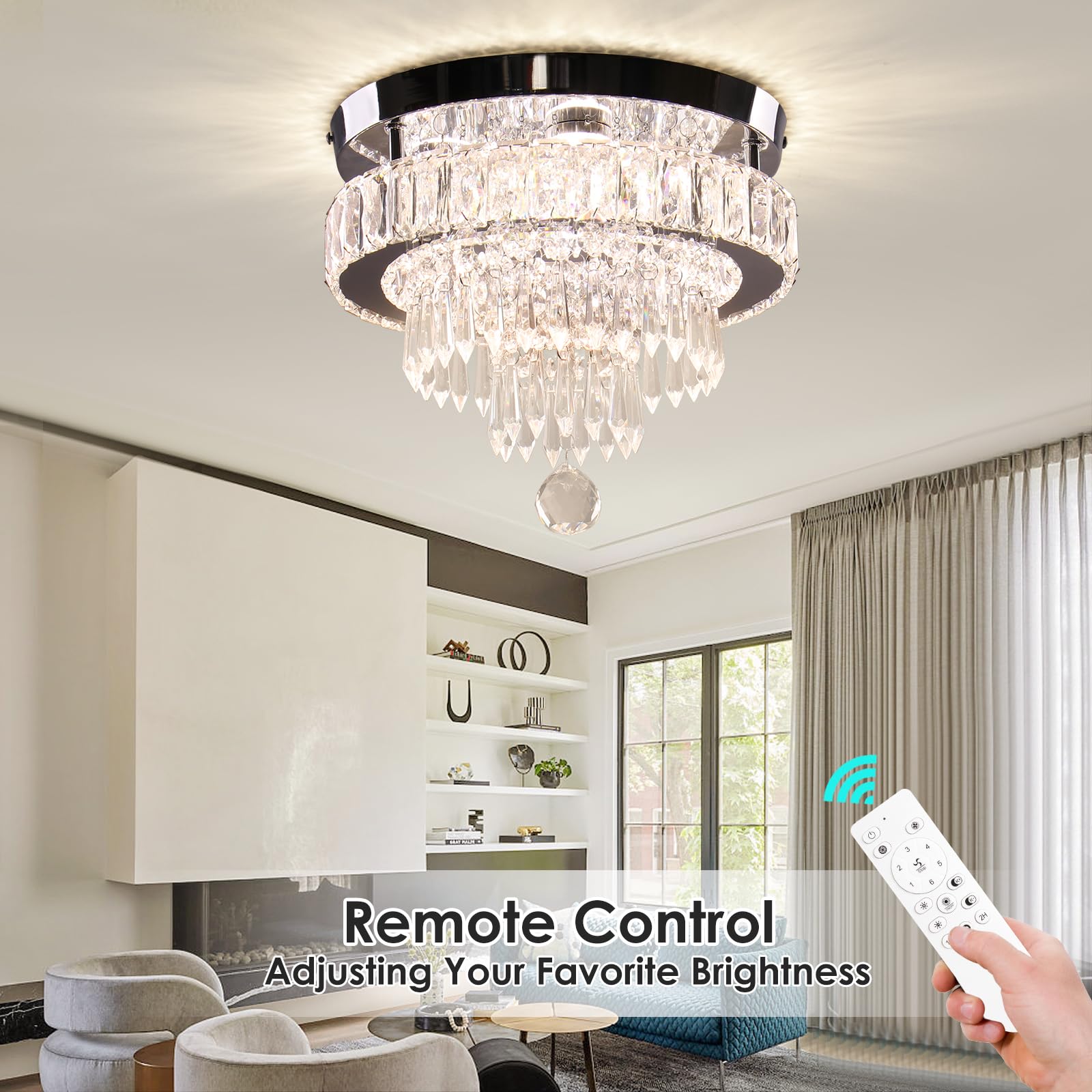 Cainjiazh Crystal Chandelier - 11.8" Dimmable Flush Mount Ceiling Light, Stainless Steel & LED, Remote Control, Ideal for Dining Room & Living Room
