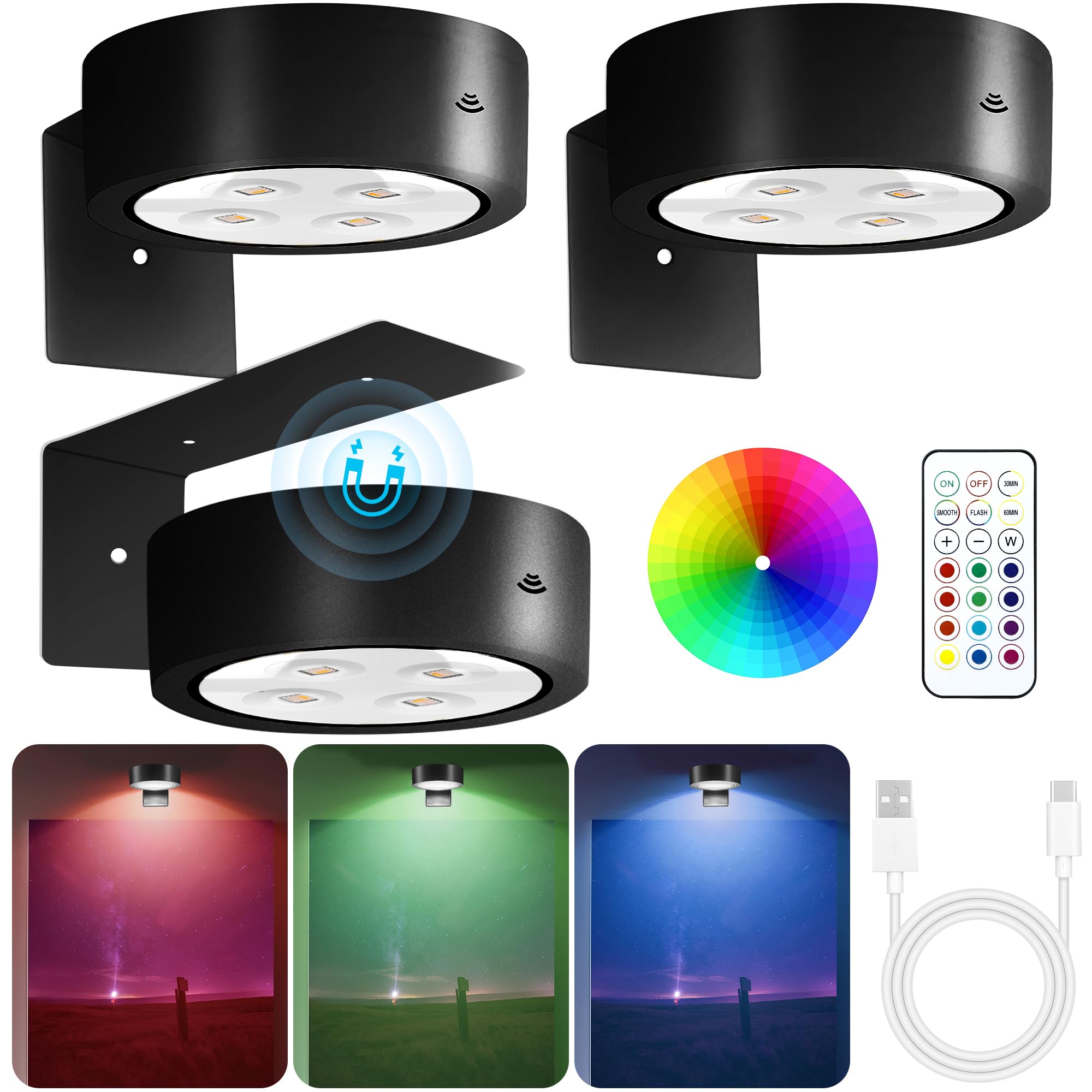 3Pack Picture Lights for Wall, RGB Color Changing Led Art Display Light with Rechargeable Battery Operated, Magnetic Painting Li