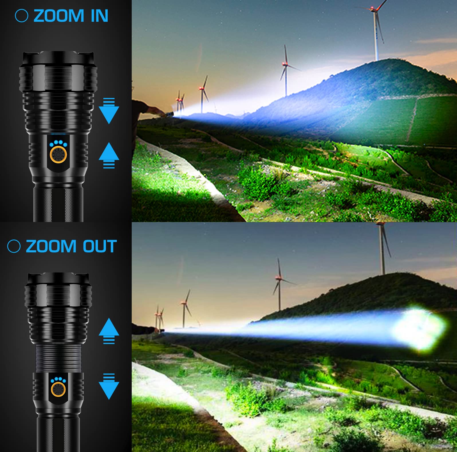 Sinvimes Rechargeable Flashlight P70, 990000LM High Lumens, Zoomable, Waterproof, Black, Aluminum, BM-LITE-K1