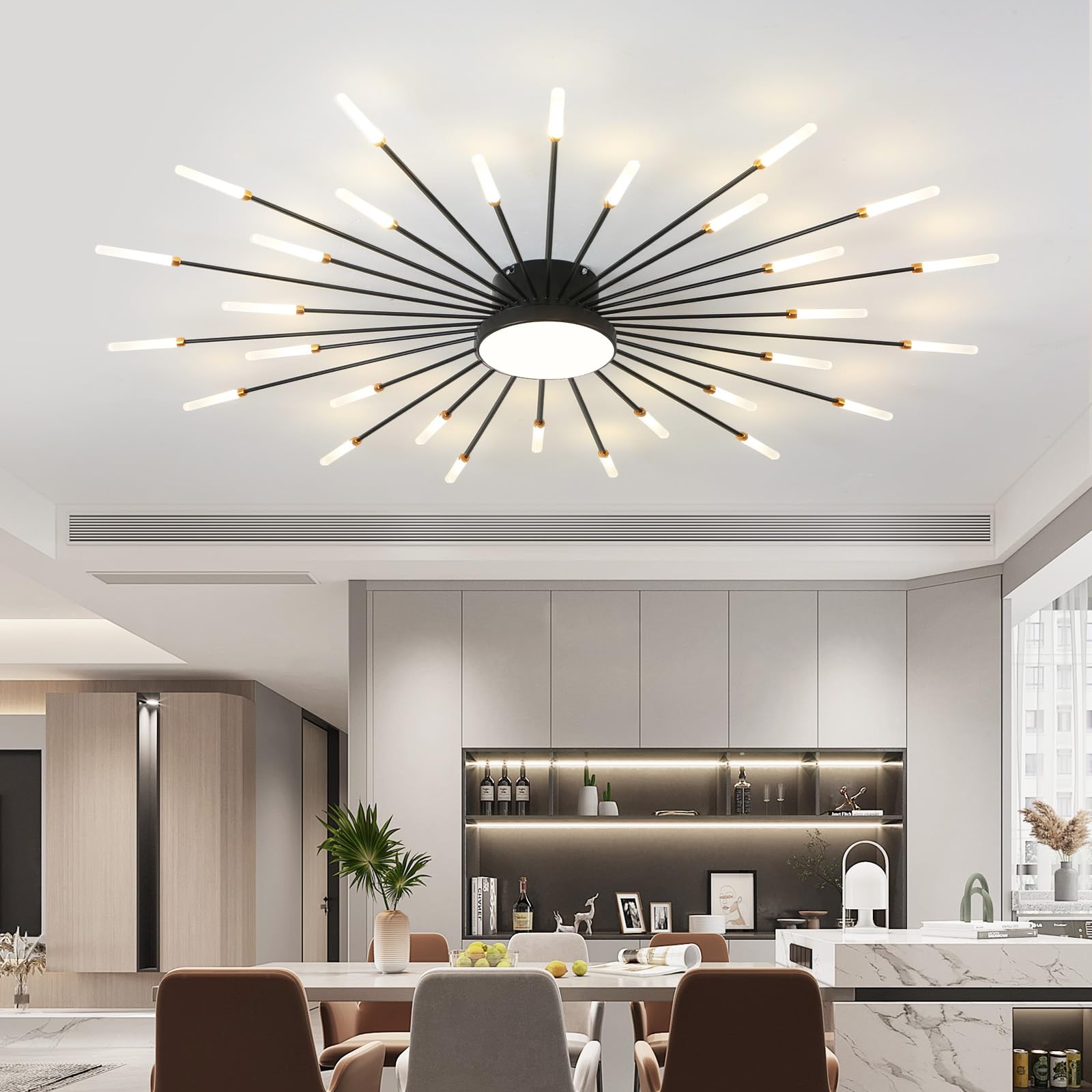 Ziidoo Modern Ceiling Light 30+1 Lights Metal Firework Designed Chic Led Lighting Fixture For Farmhouse Kitchen Dining Room Bedroom Hallway Living Room (Black)