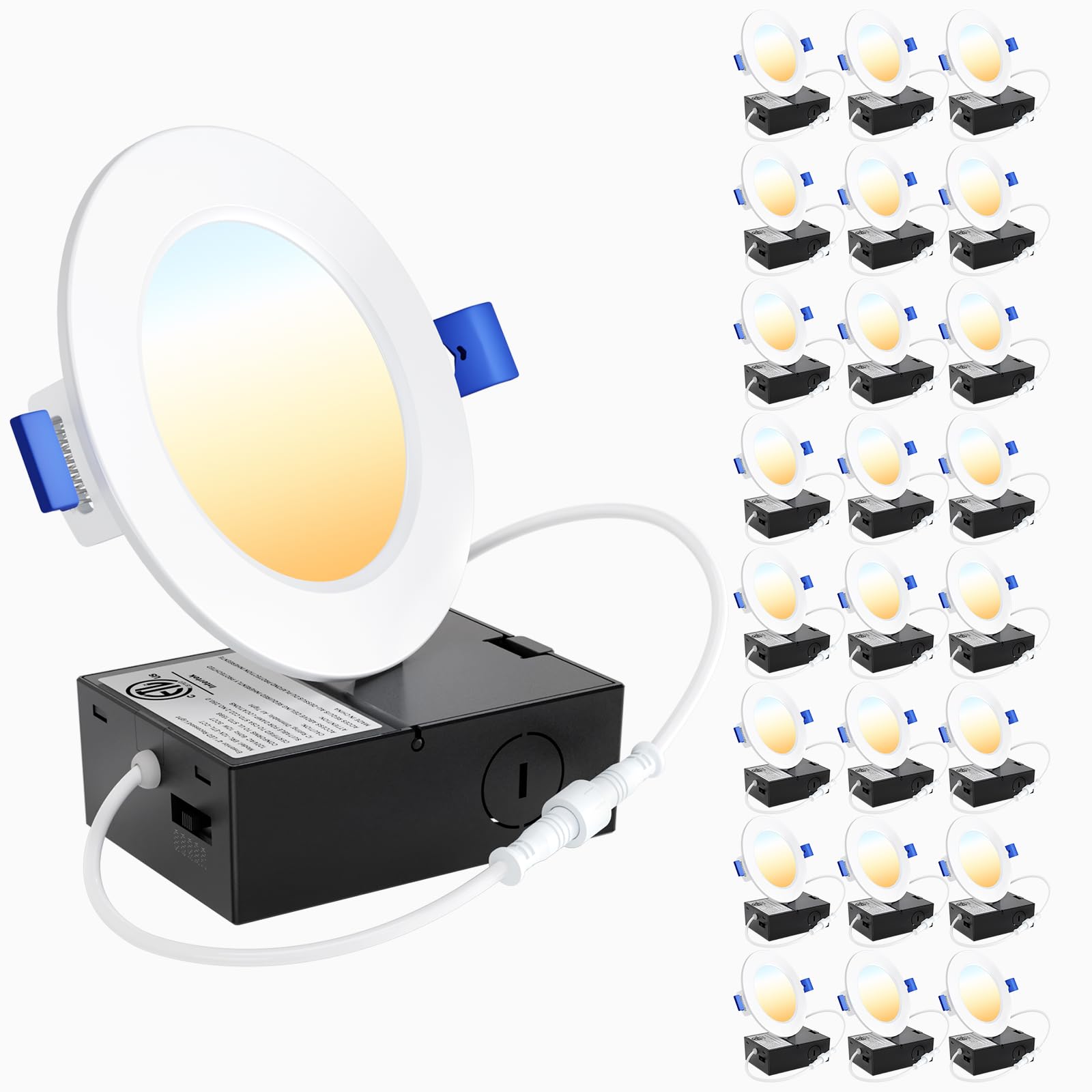 Ensenior 24 Pack 4 Inch Ultra-Thin Led Recessed Wafer Light With Junction Box, 2700K/3000K/3500K/4000K/5000K - 5Cct Selectable, 7.9W Eqv 65W, Dimmable Downlight, 650Lm High Brightness - Fcc&Etl
