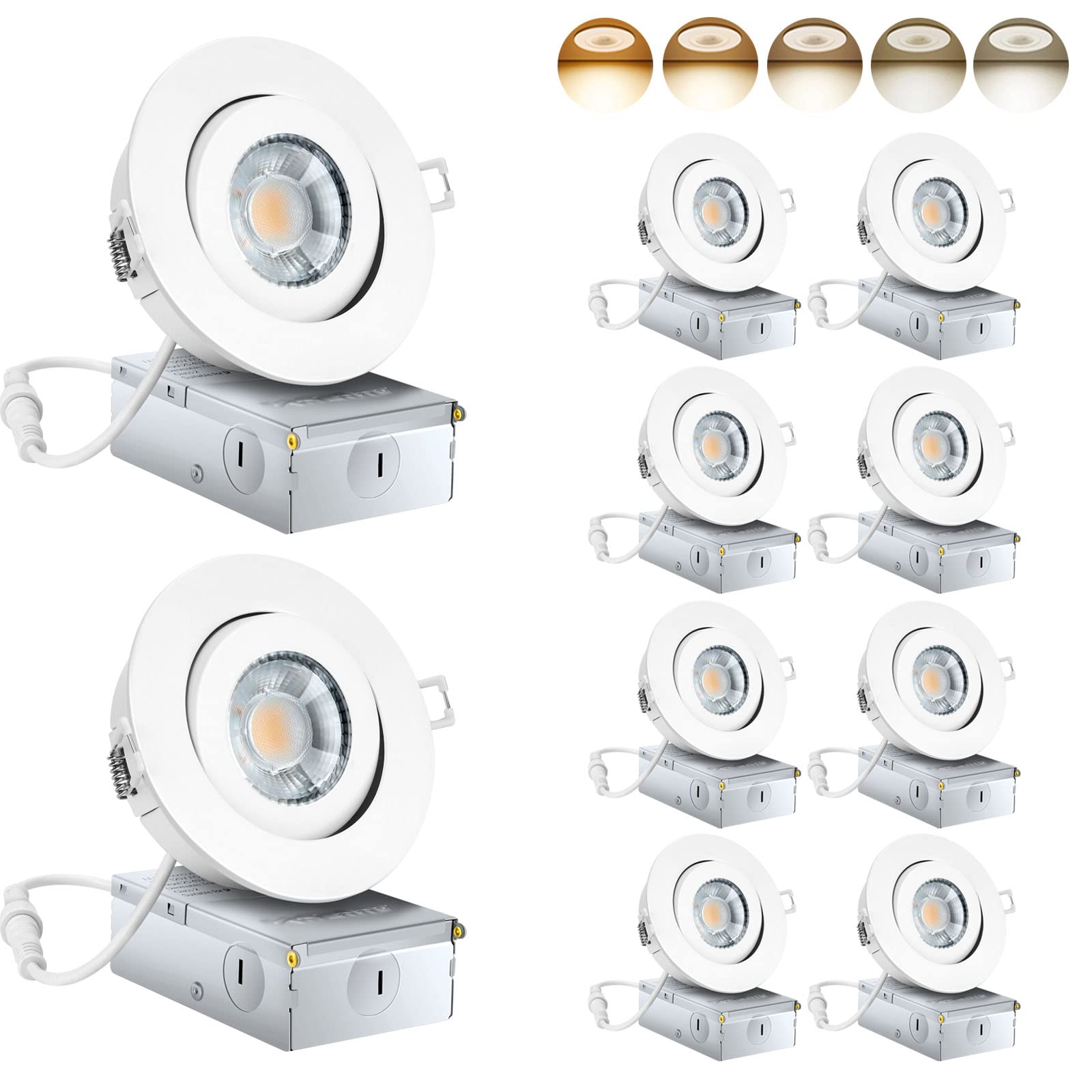 KnLnny Ware 4 Inch Adjustable Eyeball Gimbal LED Recessed Lights, 10 Pack, White Trim, 9W 750LM, 5 CCT Selectable, ET