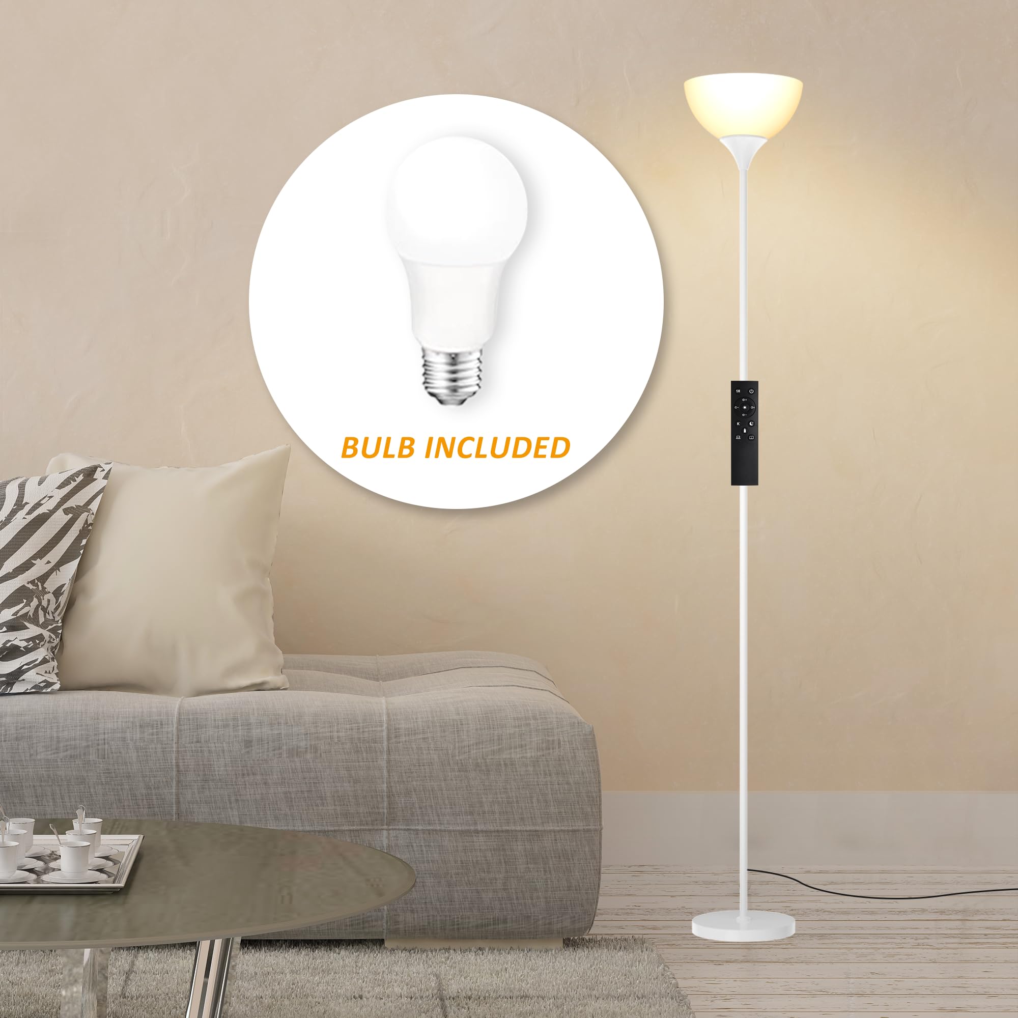 PESRAE Floor Lamp with Remote Control, Stepless Color Temperatures, Matte White, Model MF3601, Bulb Included