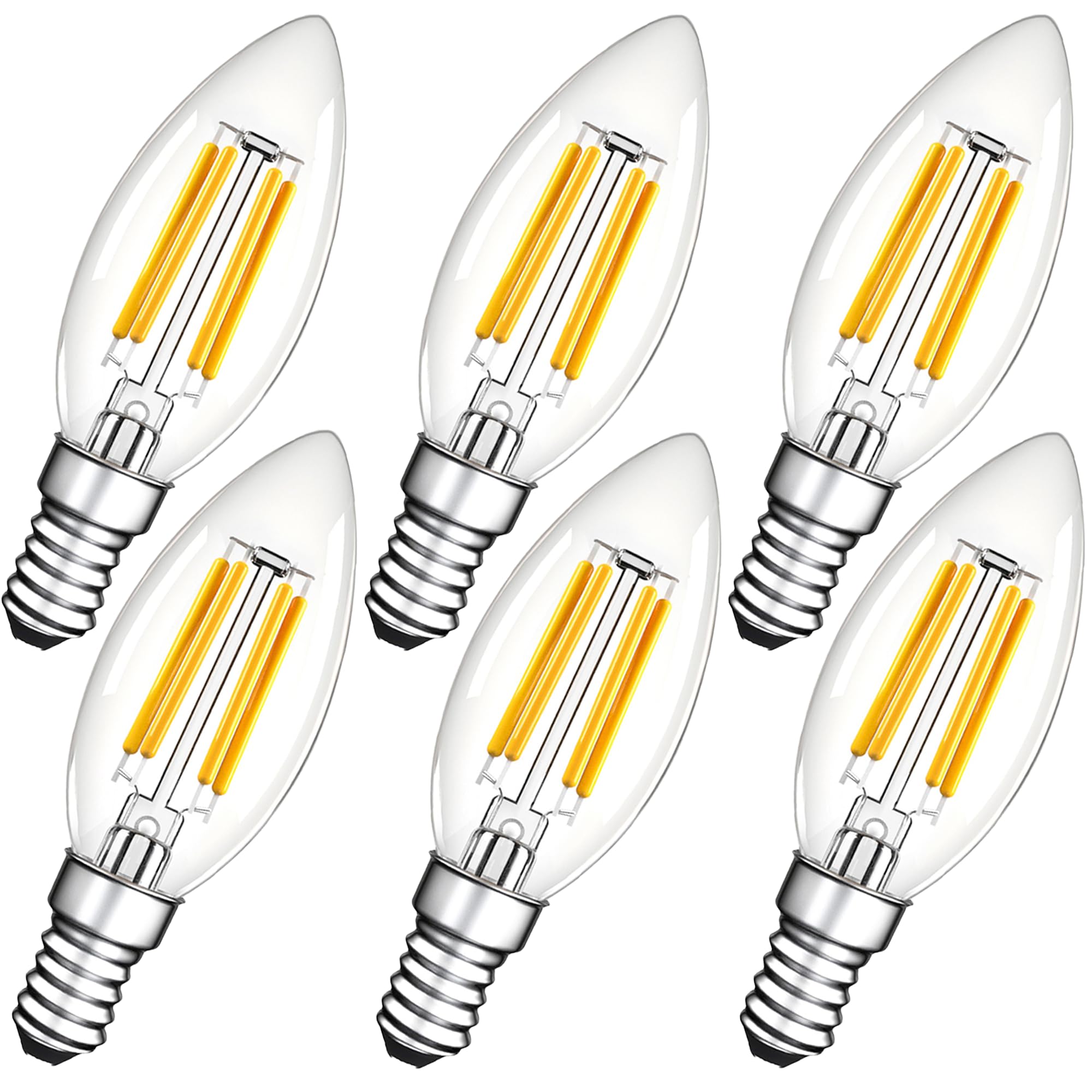 Grensk Dimmable 6W E12 LED Candelabra Light Bulbs  60W Eqv B11 Vintage Filament Bulbs  2700K Soft White  CRI 90+ Flicker-Free  Clear Glass Candle Bulbs for Chandelier  Ceiling Fan  Wall Sconce  6 Pack