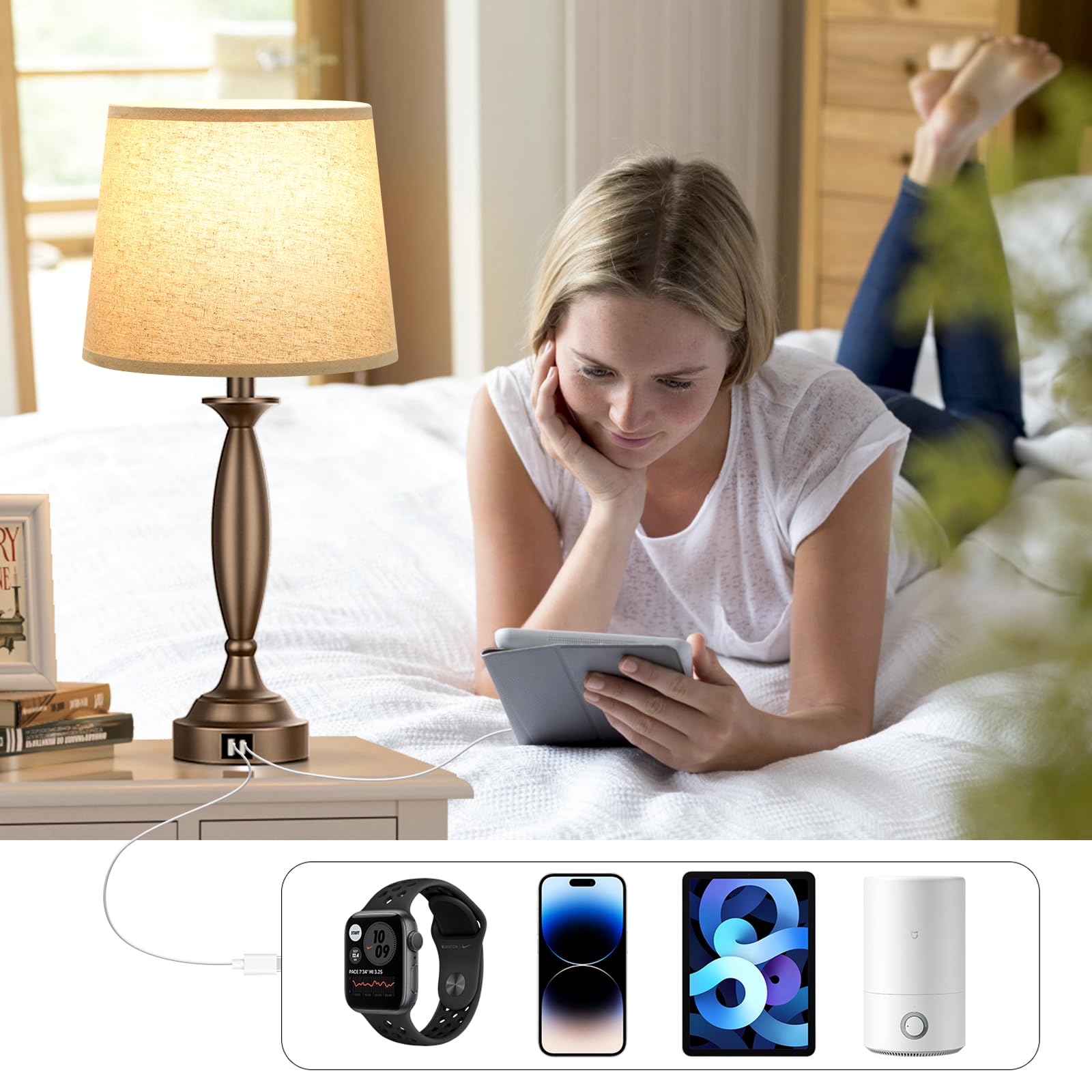 Beige Brown Lamps For Bedrooms Set Of 2 - Touch Control Bedside Lamp With Usb C+A, 3 Way Dimmable Nightstand Lamps With Usb Port