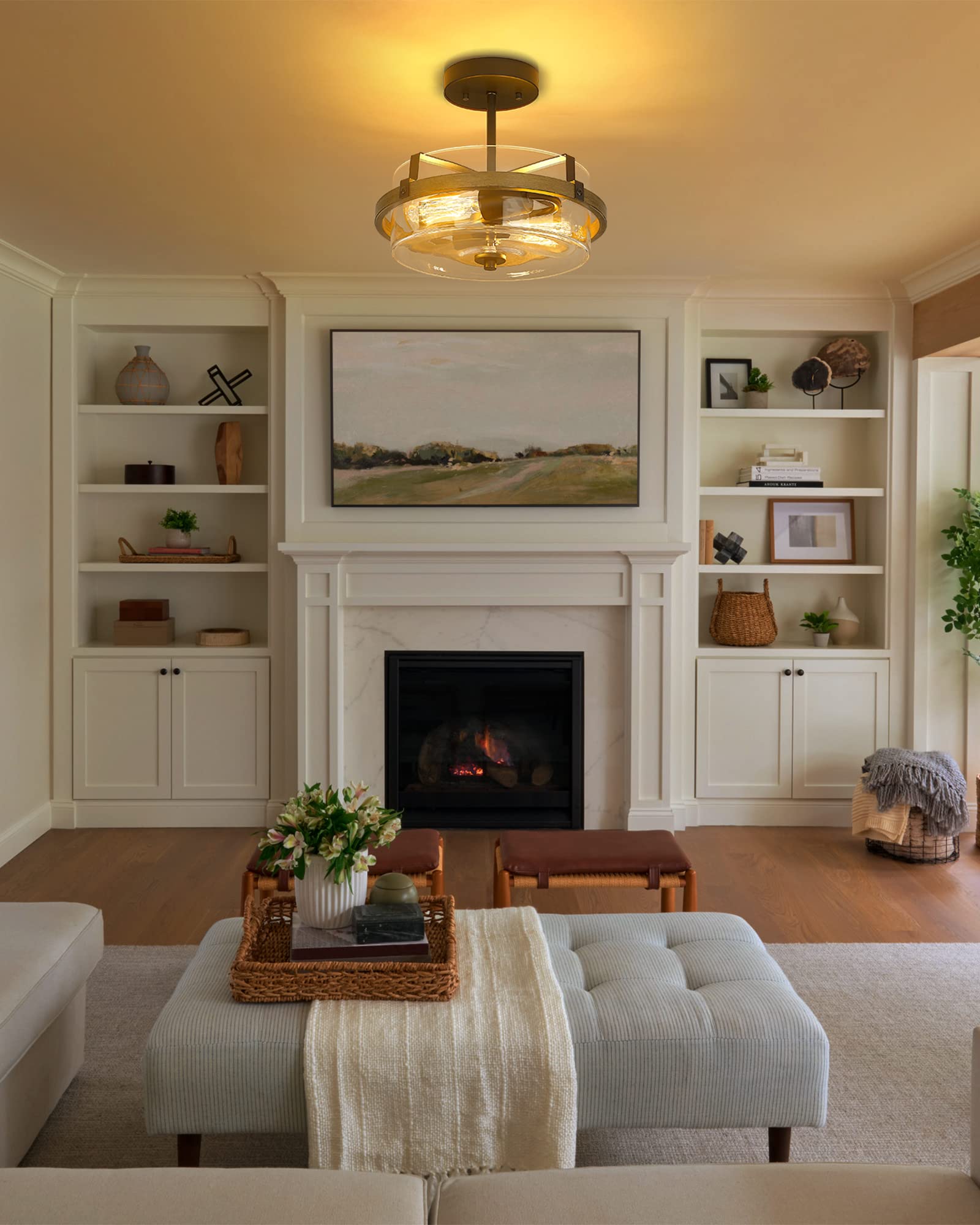 Eapudun Black Wooden Semi Flush Mount Ceiling Light, Retro 2-Light Fixture With Glass Shade