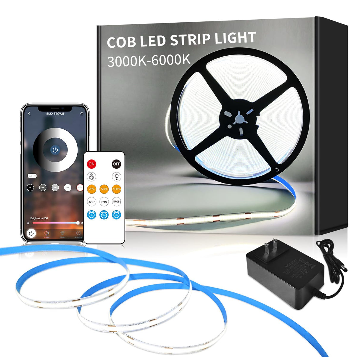 Yeewhale COB LED Strip Lights 6000K 16.4ft DC 24V Dimmable White Flexible LED Tape Light for Bedroom, with Remote and app Contro