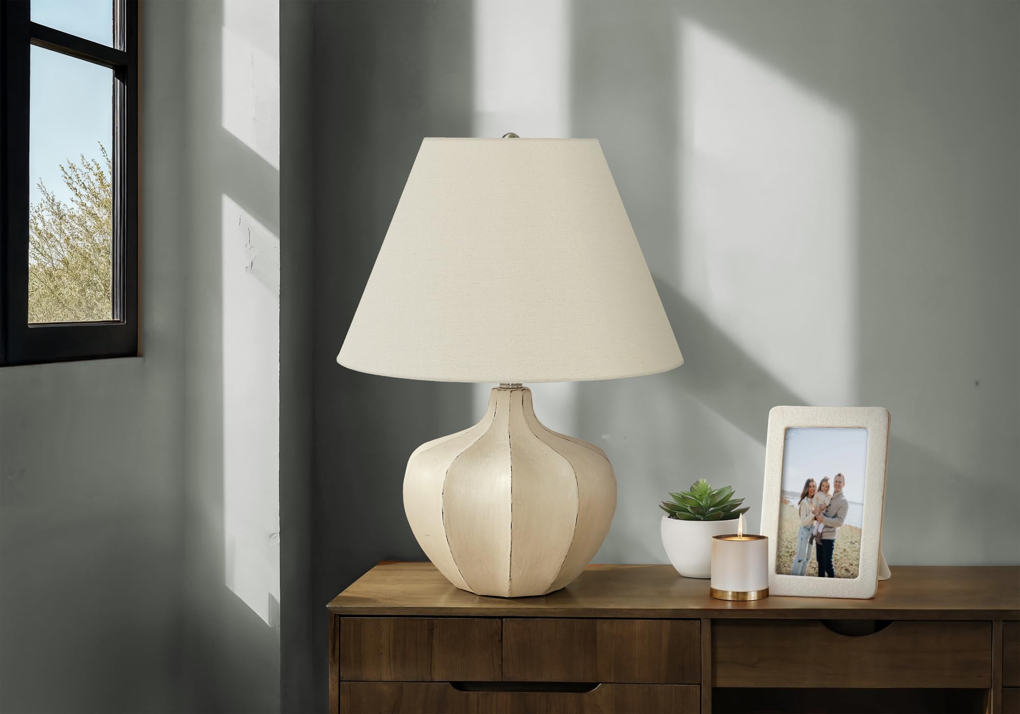 Monarch Specialties I 9733 Table Lamp, Cream Resin, Ivory Shade, 16inL x 16inW x 20.75inH