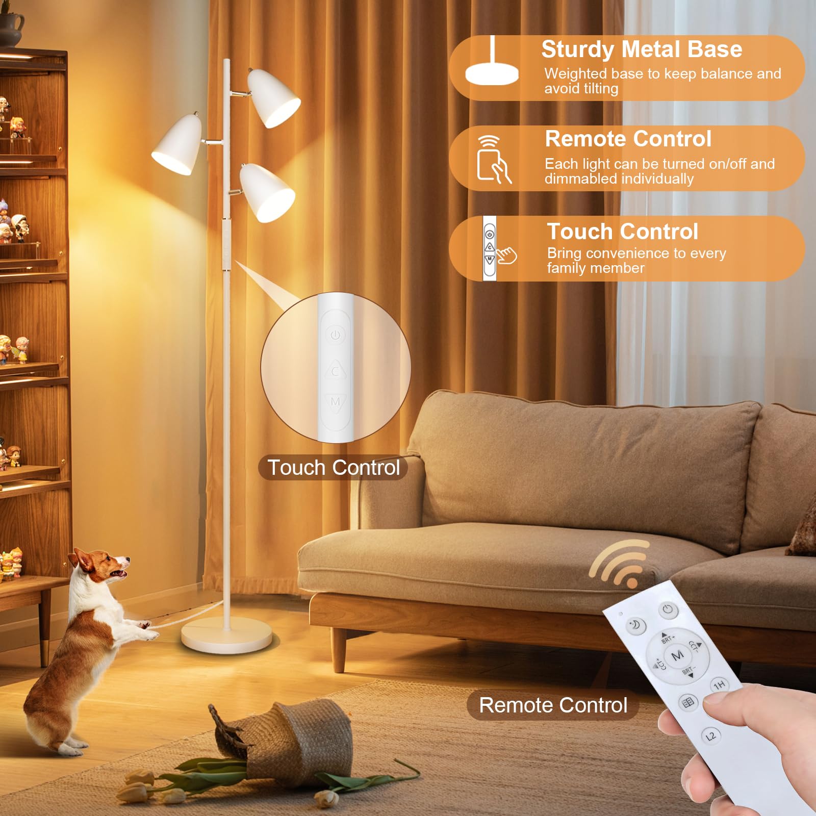 QiMH LED Floor Lamp, Modern Dimmable Standing Lamp, 4 Color Temperatures, Remote & Touch Control, White, Model FLA-036-A3
