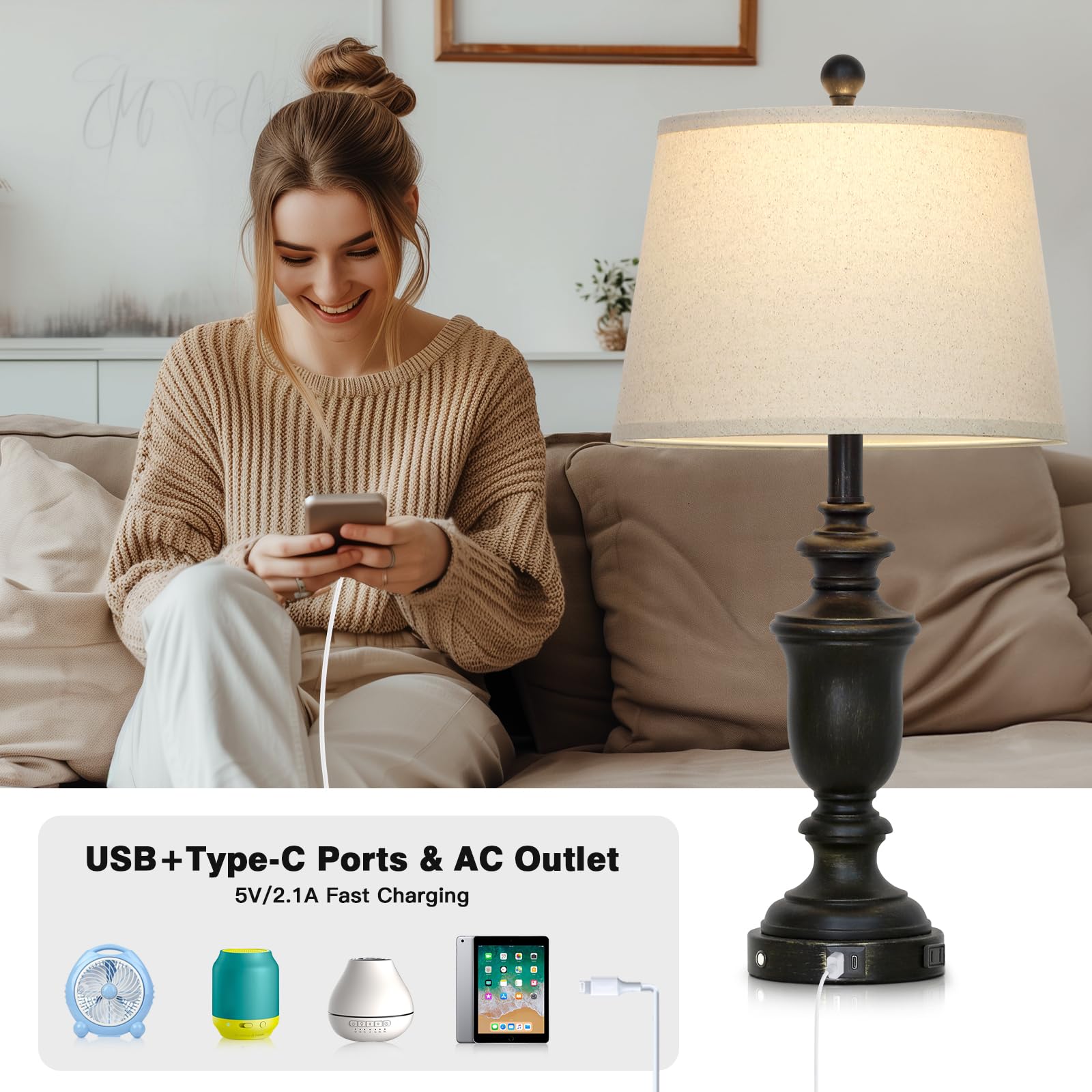 Cinkeda 26'' Black Table Lamps Set Of 2 With Usb C+A Ports & Ac Outlet For Farmohouse Living Room Retro Bedroom,3-Way Dimmable T