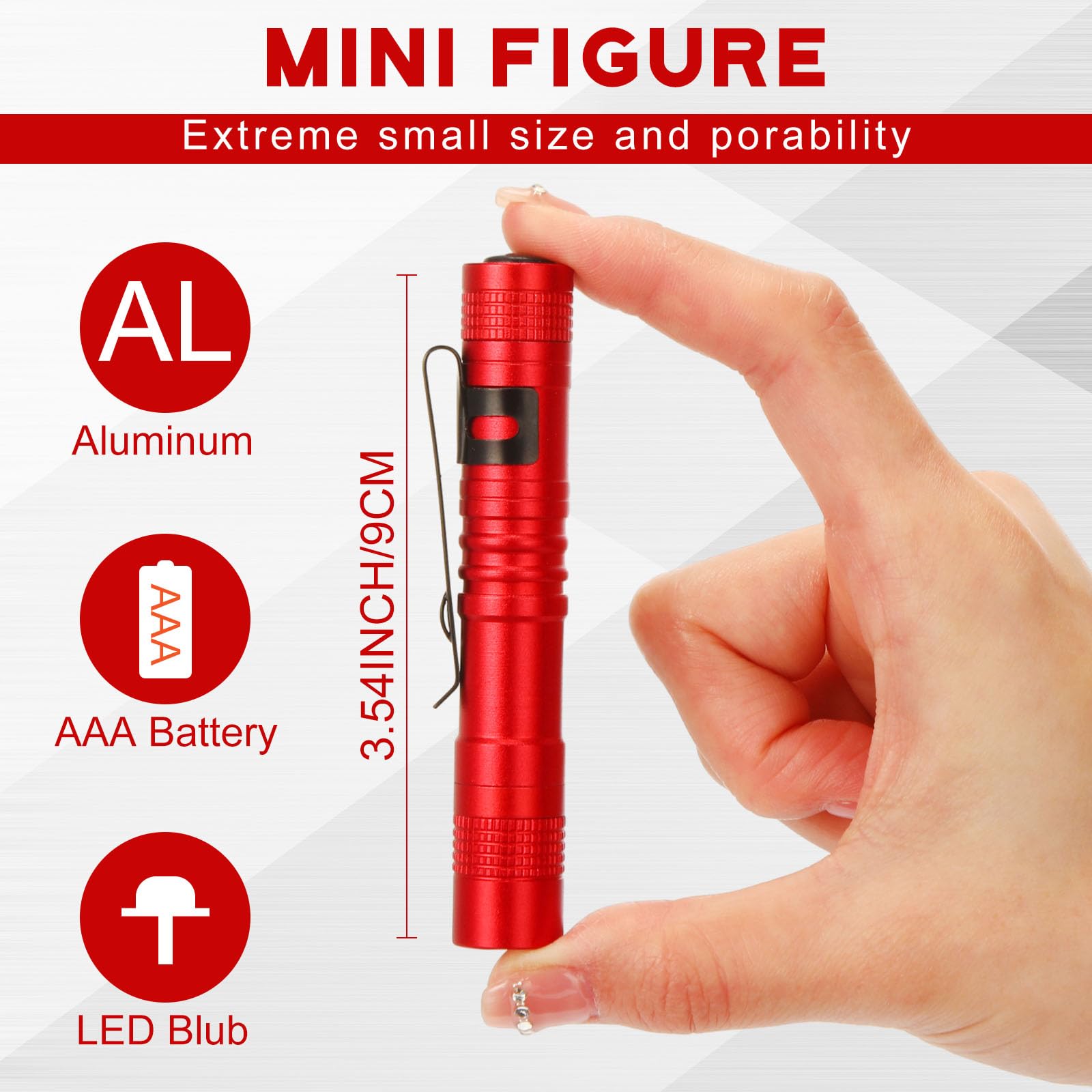 Hortsun Mini Pen Light Flashlight, 3.54 Inch, Red, Aluminum, 20 Pcs, Pocket Size with Clip