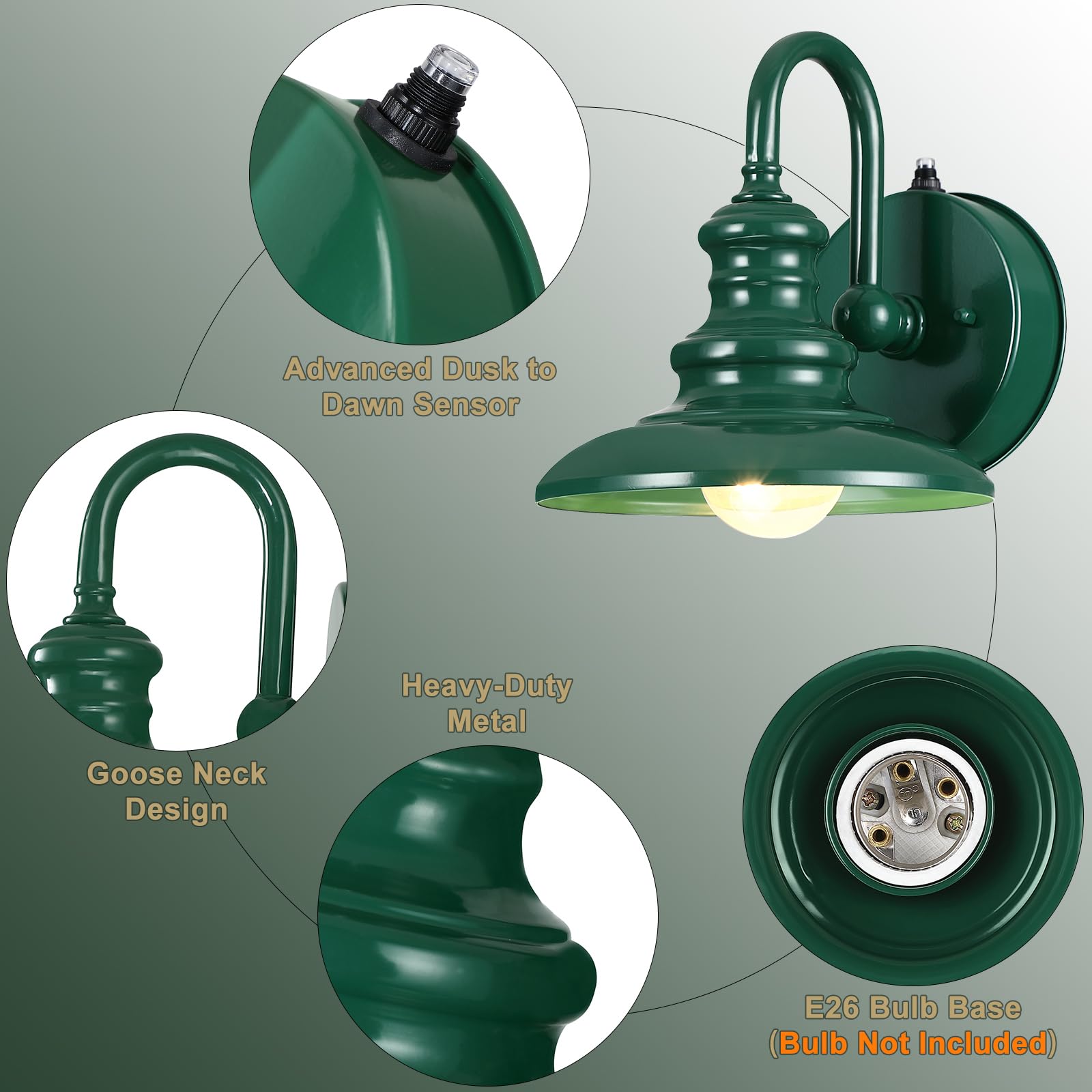 LONEDRUID Gooseneck Barn Light Fixture - Green Metal Outdoor Wall Sconce, Rustic Porch Lantern, Model 4223e4c0-e877-4f0a-87