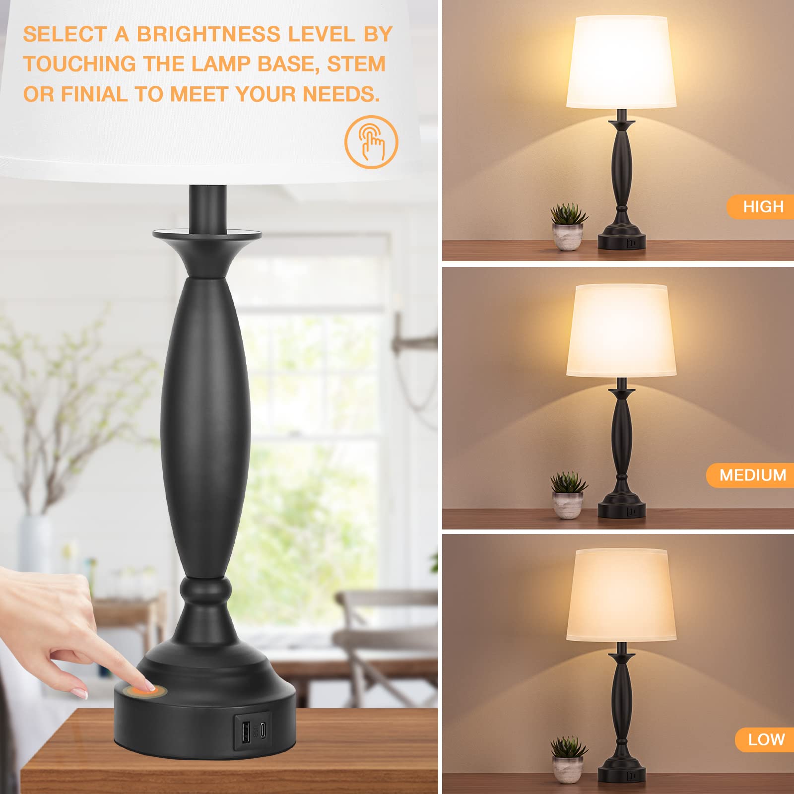 White Lamps For Bedrooms Set Of 2 - Touch Control Bedside Lamp With Usb C+A, 3 Way Dimmable Nightstand Lamps With Usb Port, Tabl
