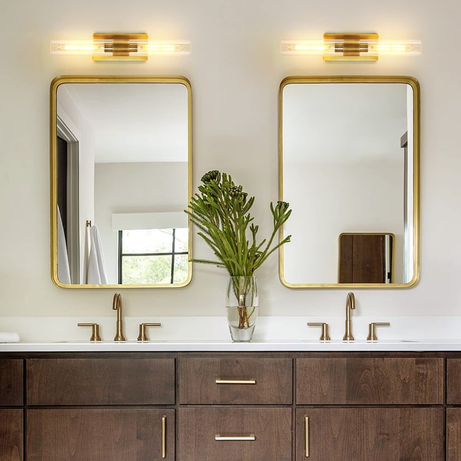 Zhtiechui Brass Bathroom Vanity Wall Sconces, 2-Light Glass Tube Wall Sconces, 24 Inch Horizontal Or Vertical Linear Wall Sconce
