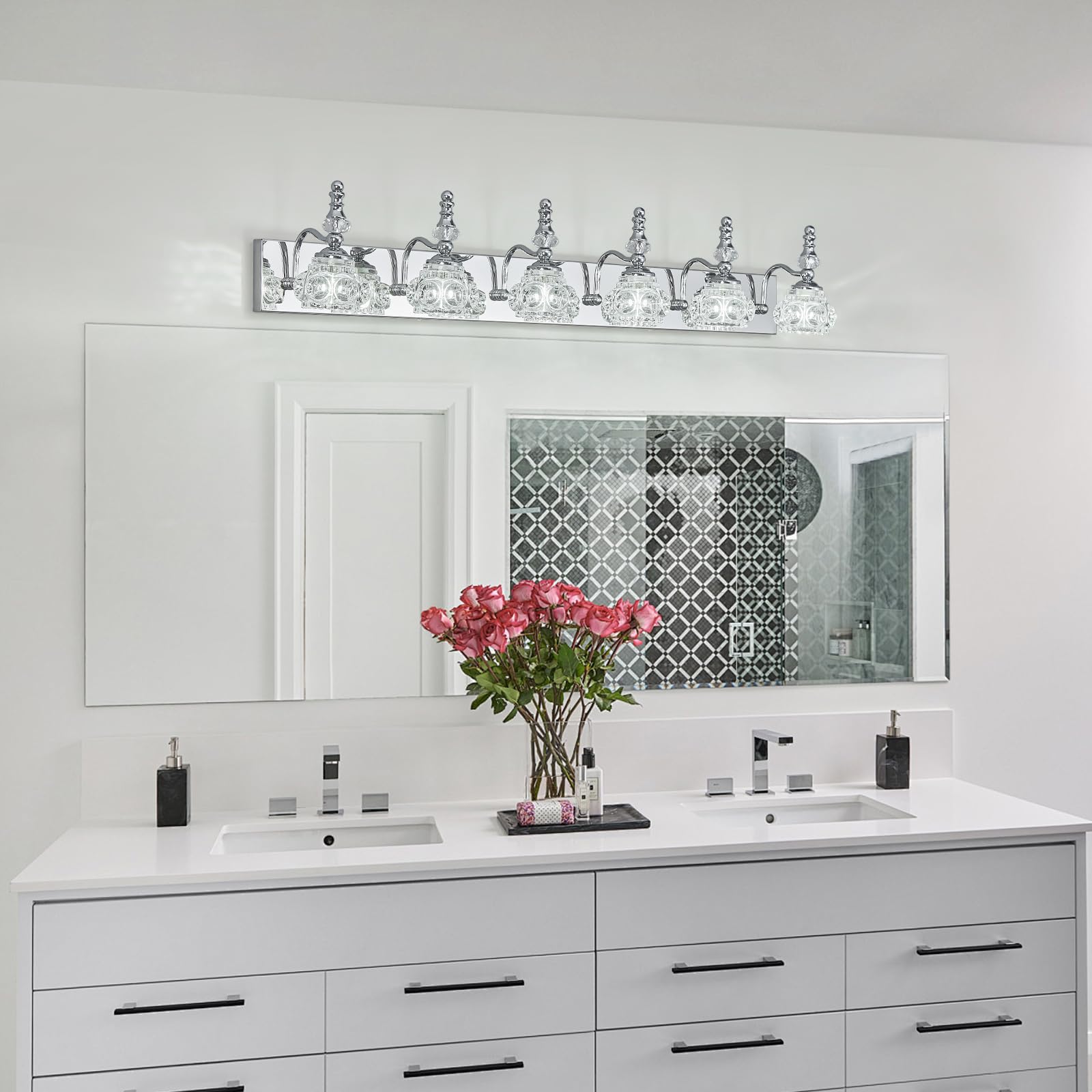 Lbsqj Modern Glass Crystal Vanity Light - Vintage Bathroom Lighting Fixtures Over Mirror  6 Light Vanity Lights G9 Bulb (43.3 Inch  Chrome)