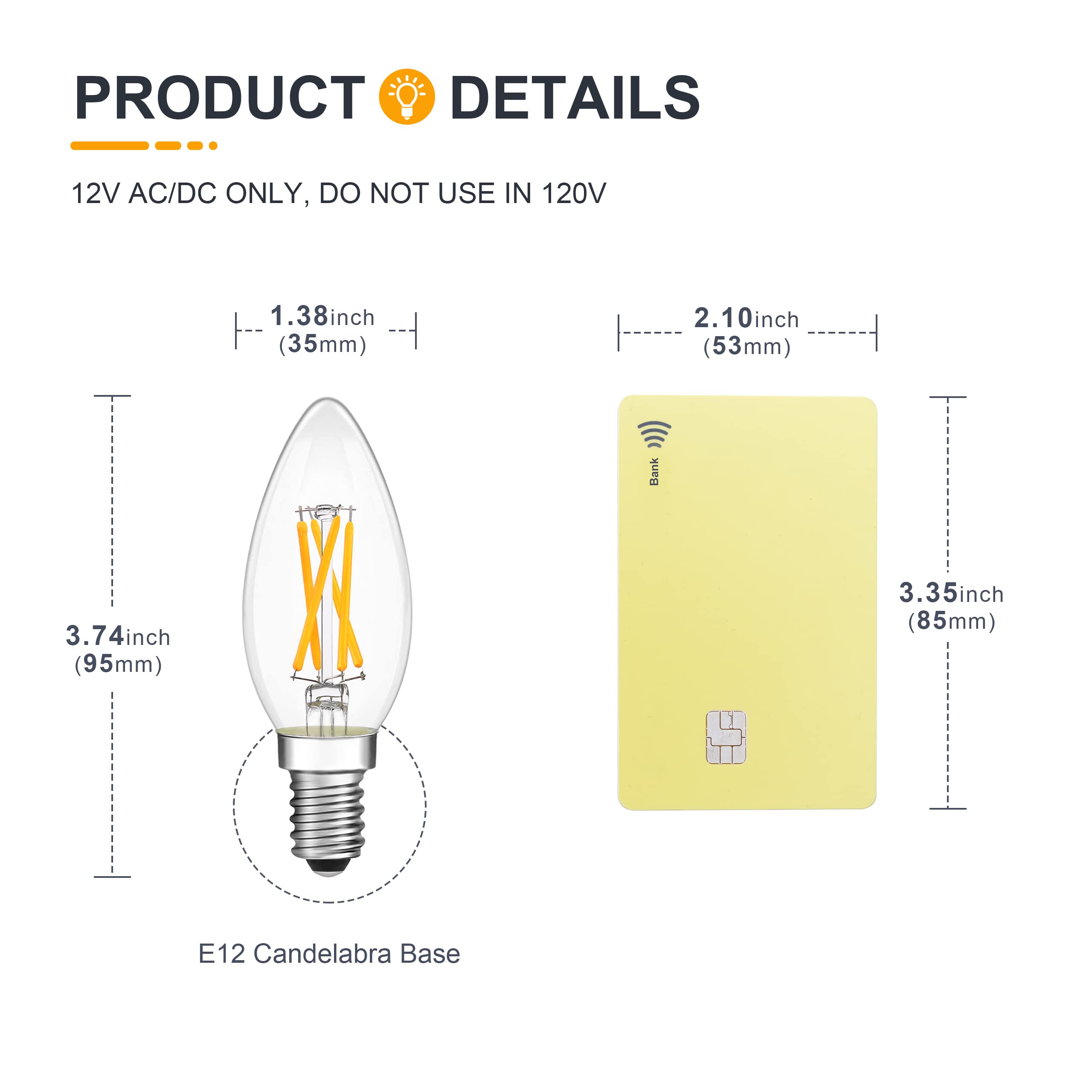 Tokcon 12 Volt Low Voltage Candelabra Led Light Bulbs - Soft Warm White 2700K 4W(Only For 12V Dc/Ac) - E12 Small Base - 40W Equi