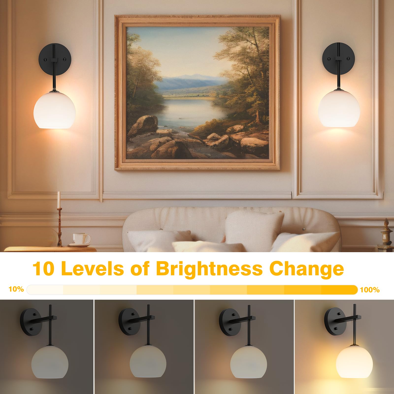 MOITA Wall Sconces Set of Two, Wireless, Remote Control, 12 RGB Colors, 3 CCT Options, Milky White Shade, Black Base, 2-Pack