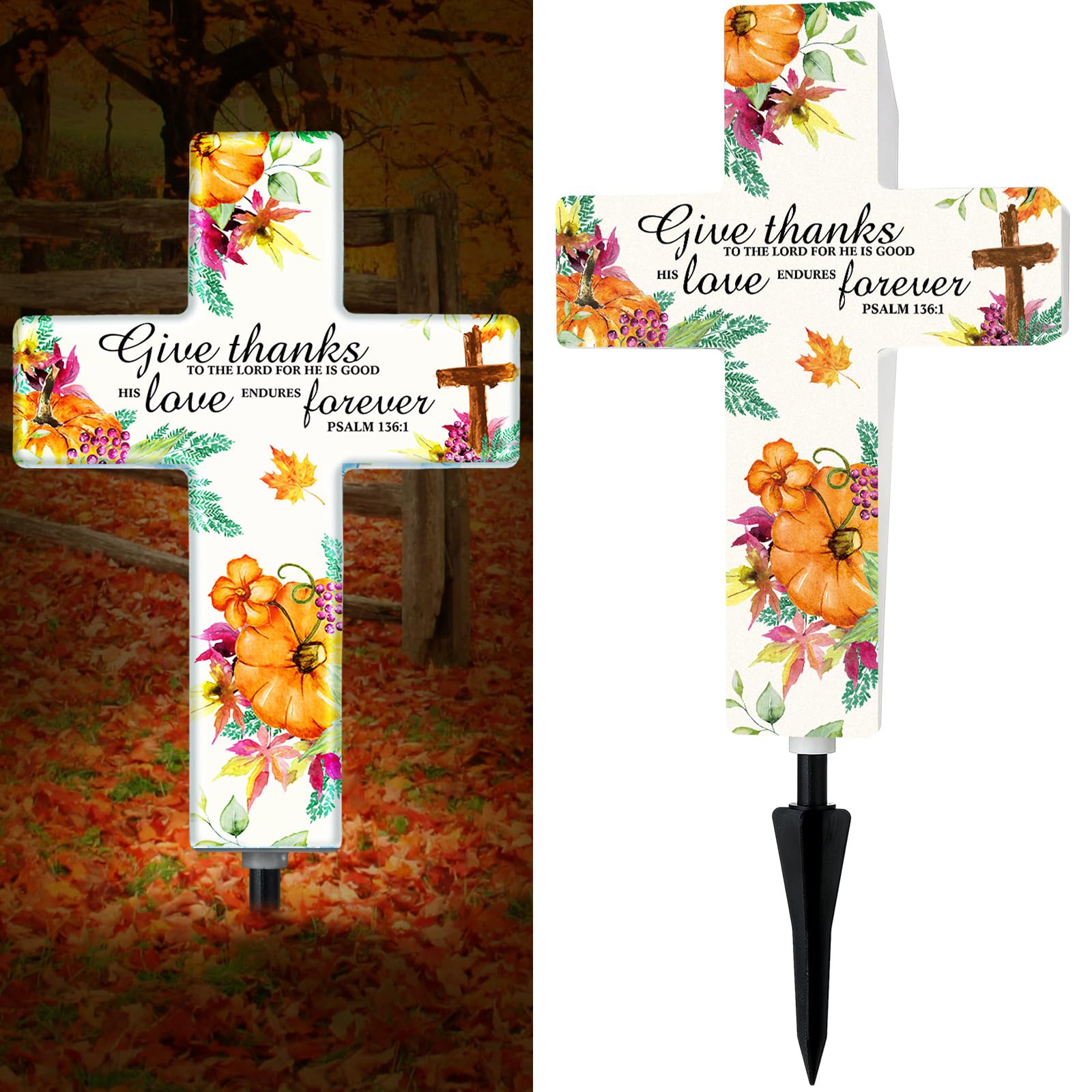 Yousoontic Thanksgiving Fall Solar Stake Lights Outdoor Garden Autumn Cross Yard Sign Garden Decor for Give Thanks to The Lord H
