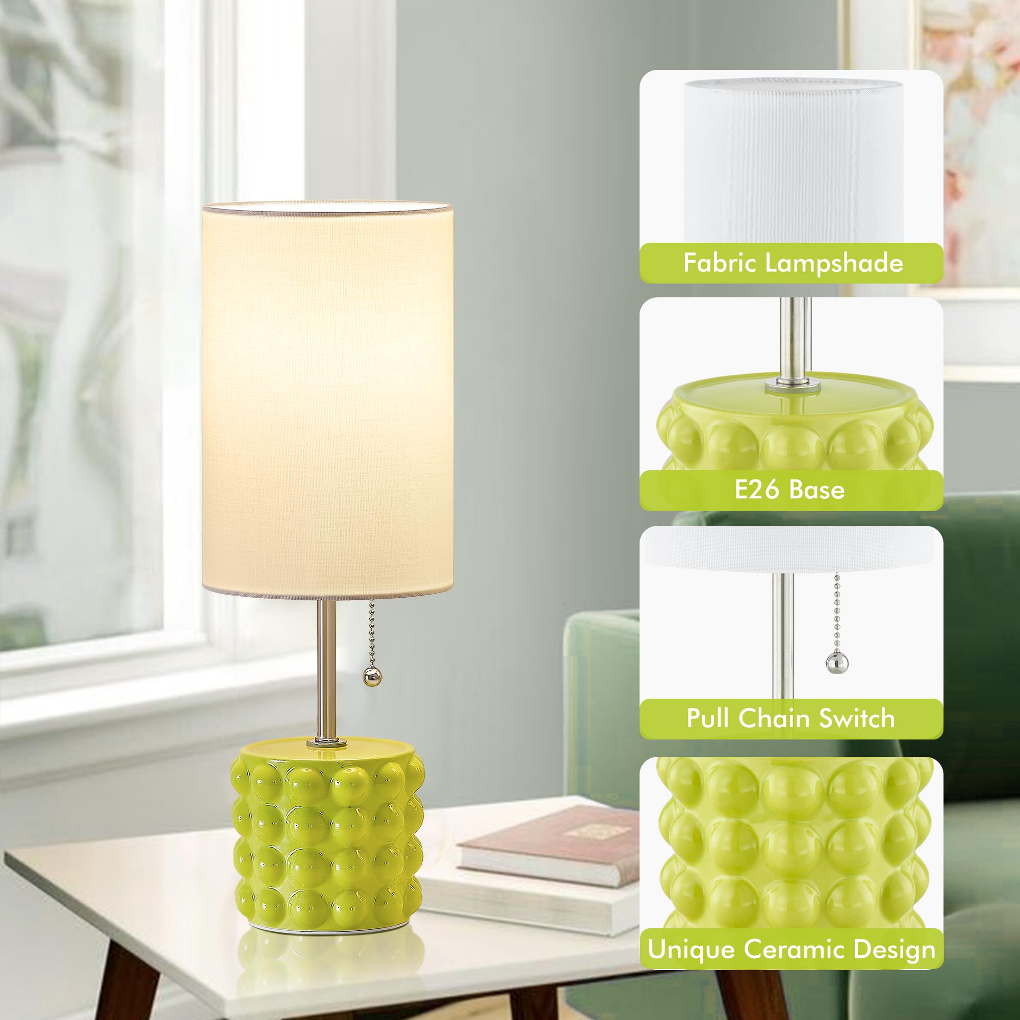 GyroVu Table Lamp Set of 2, Modern Pull Chain Nightstand Lamps, Green Fabric Shade, Small Size for Bedroom, Living Room, Office
