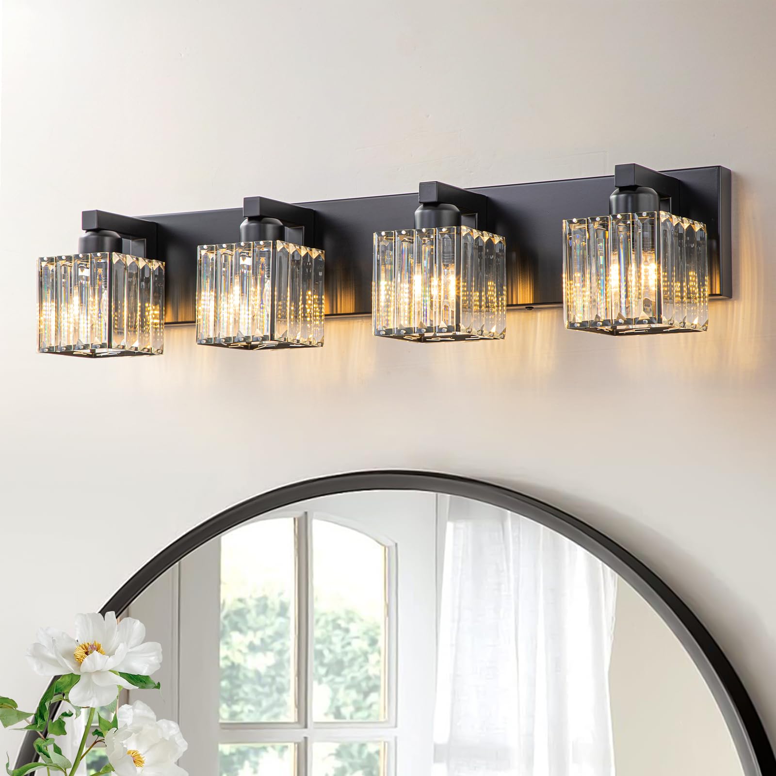 HUOKU Modern Crystal Bathroom Vanity Light Fixture, 4-Lights, Black-Square Shade, Metal and Crystal, Model 98741580-0316-4e46-bc29-8