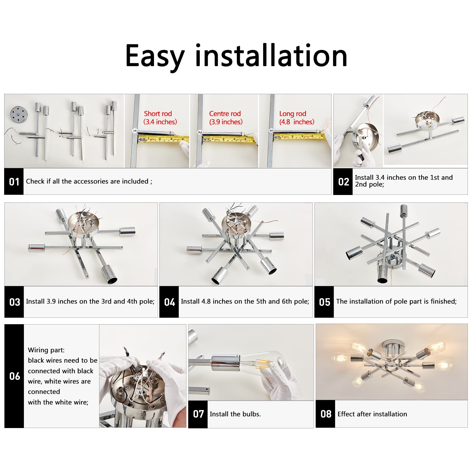 Asgyisa 6-Lights Semi Flush Mount Ceiling Light Fixture Modern Chrome Matte Sputnik Chandelier Farmhouse Ceiling Lighting For Ki