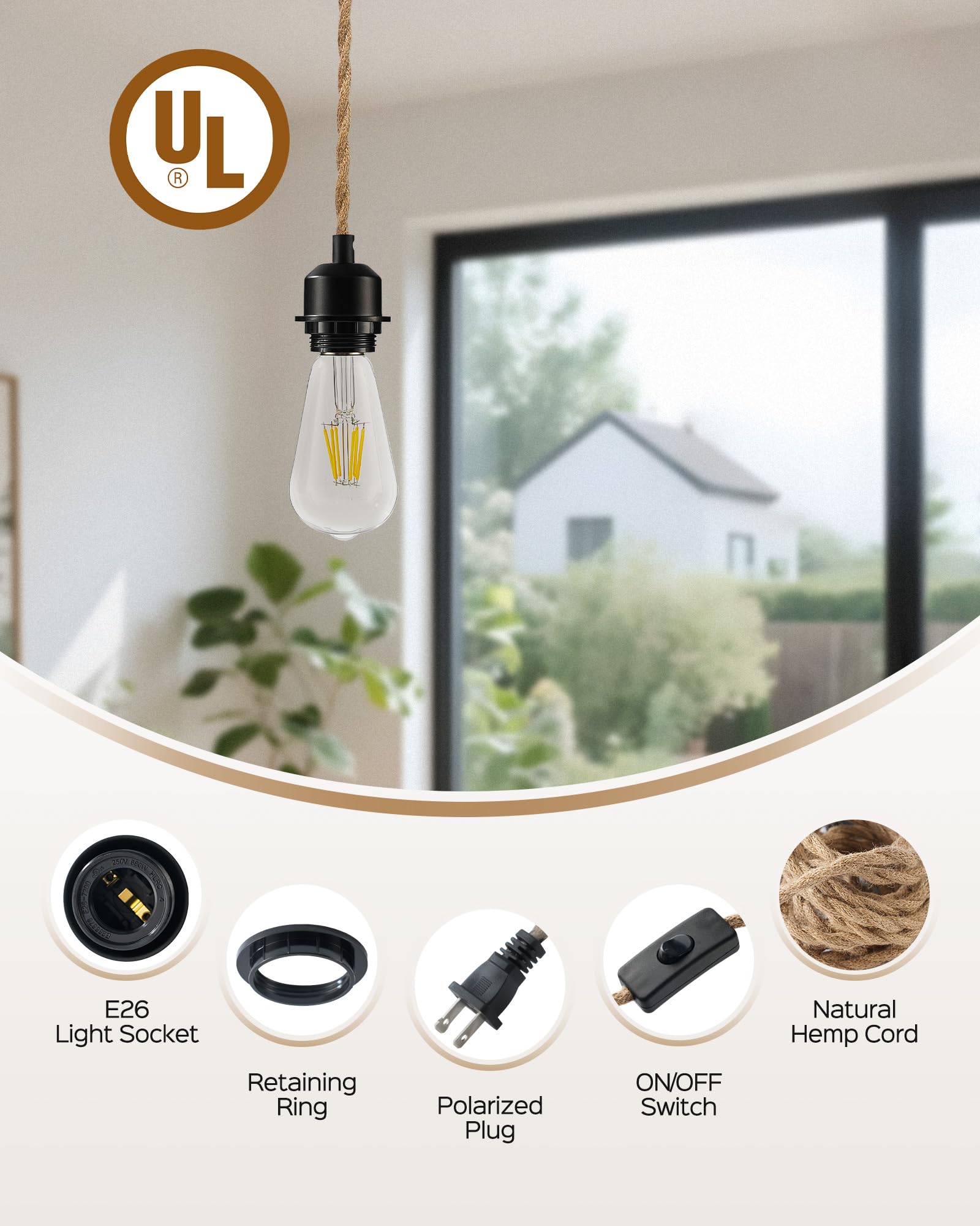 JACKYLED Hanging Lamp Cord Kit with Switch, 12FT Vintage Light Fixture, E26 Compatible, Black, Model JKPL02-5060001A