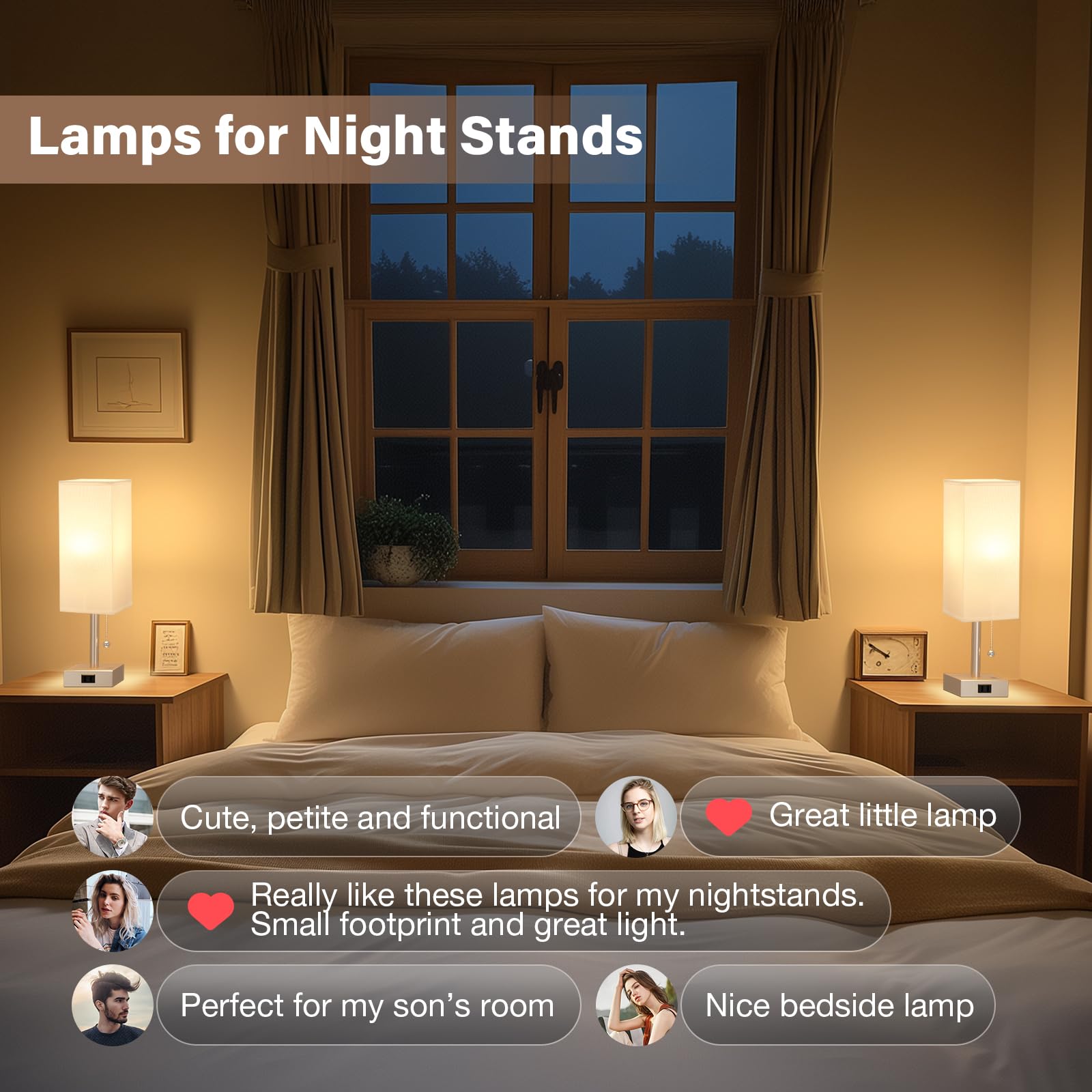 Black Table Lamps for Bedroom Set of 2 - Small Rectangular Nightstand Lamp with AC Outlet Charging Port, 3 Color Temperatures De