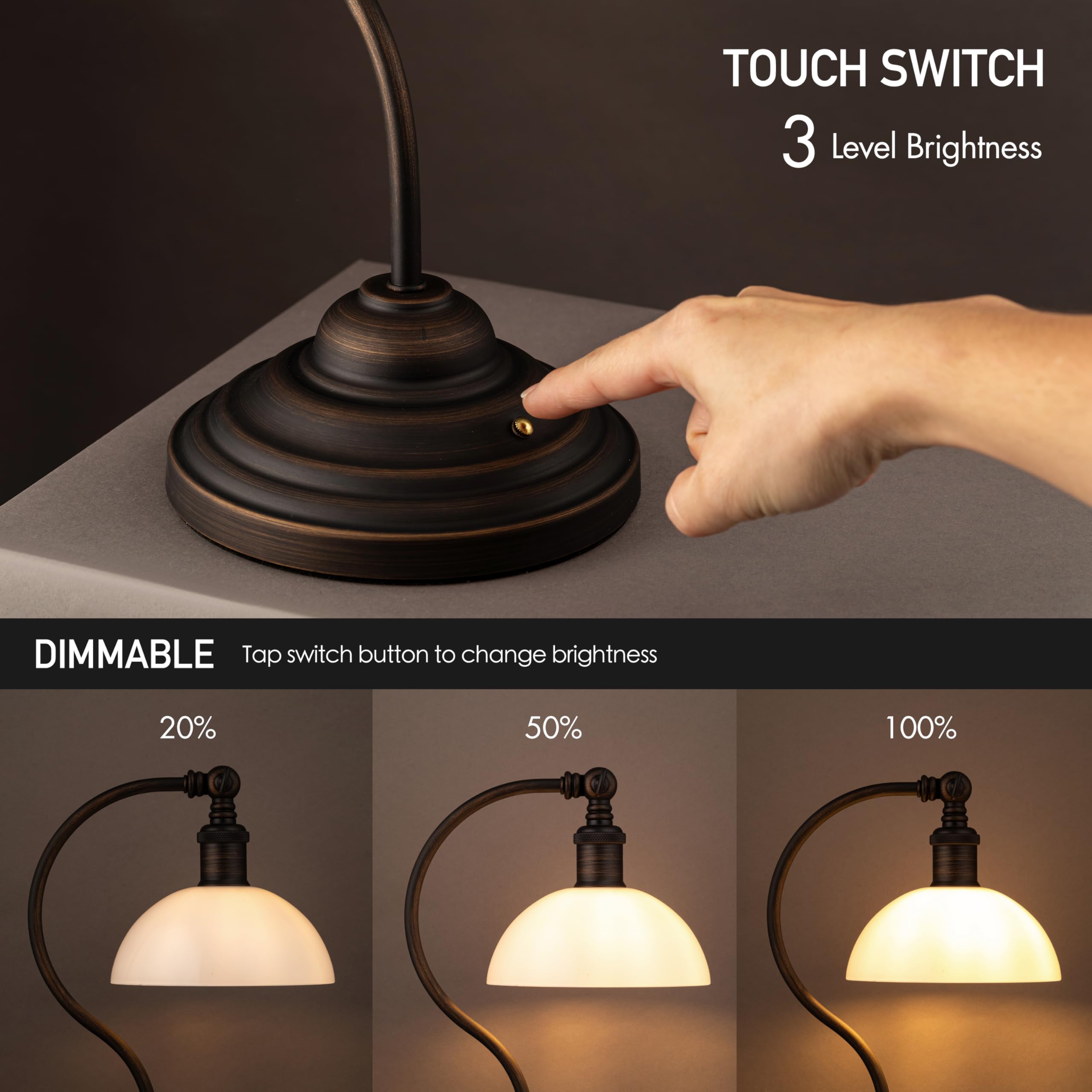 O'Bright Cordless LED Table Lamp - Rechargeable, 3-Level Dimming, USB-C, Oil Rubbed Bronze & White Glass, Model OB-TL23B