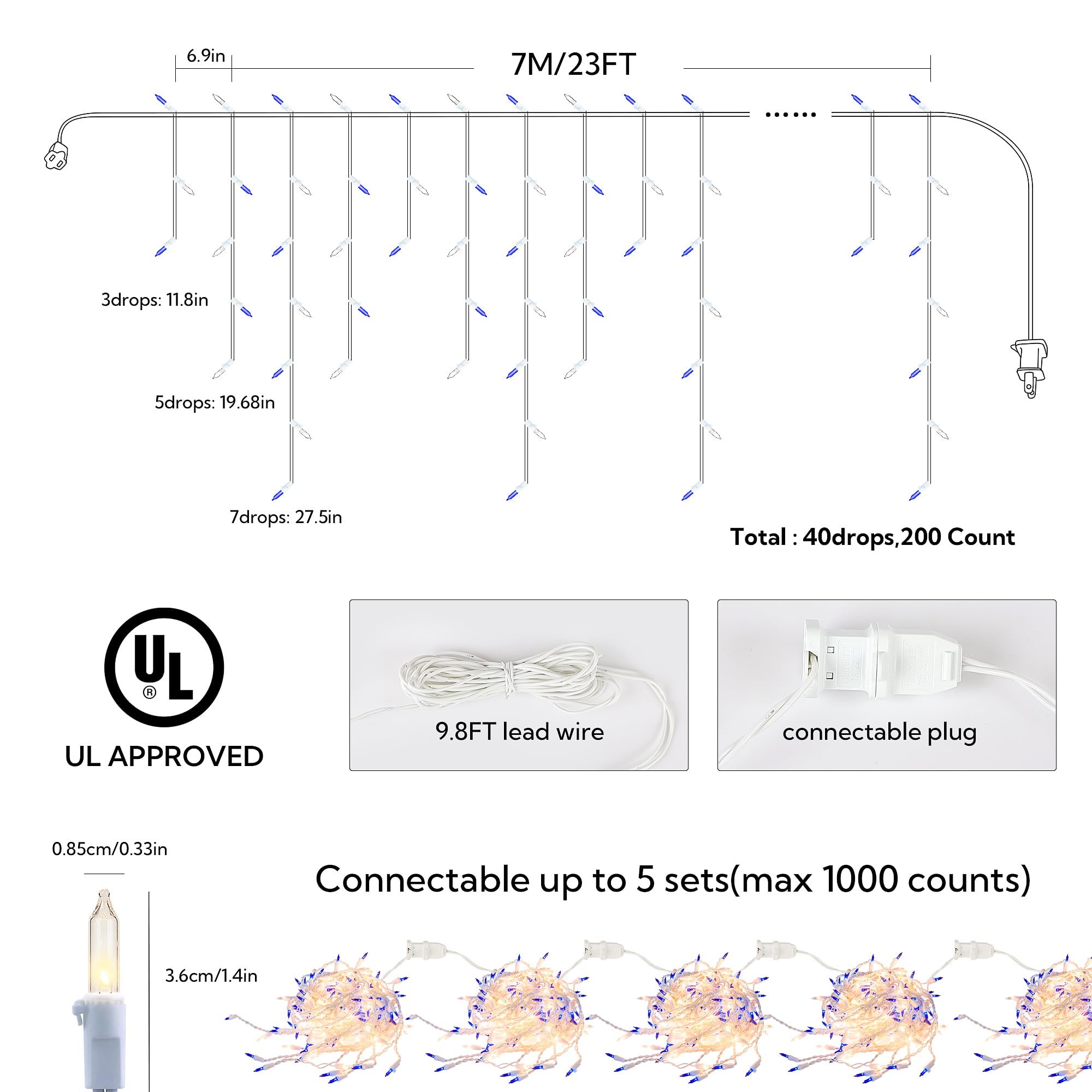 Beewin 200Ct Blue&Clear Mini Icicle Christmas Lights, 23Ft White Wire Incandescent Bulb String Lights, Connectable Indoor Outdoo