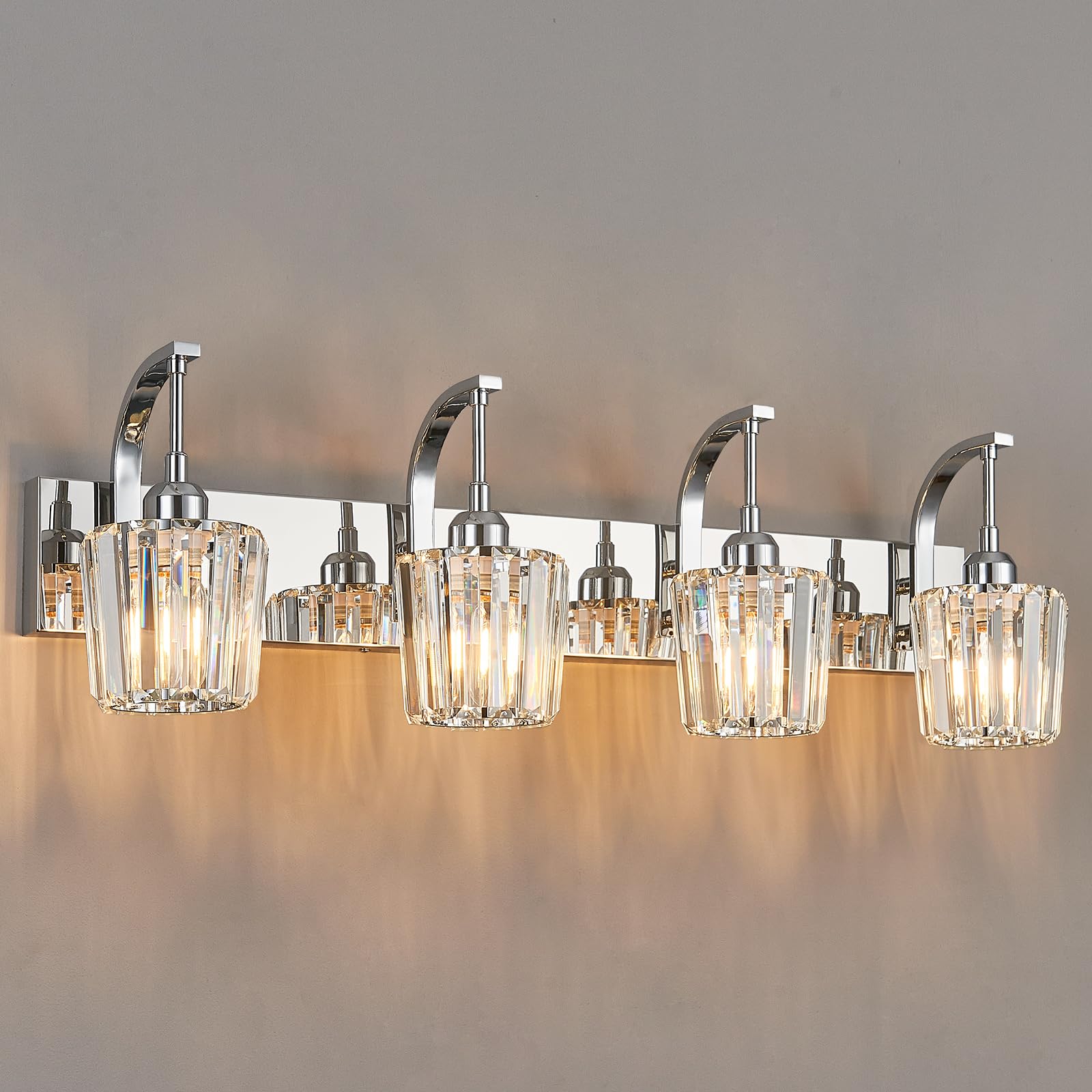 Fdpby Modern Bathroom Vanity Light  4-Light Chrome Wall Sconce With Crystal Accents  Over Mirror Bathroom Lighting Fixture  32.67 Long Dimmable Vanity Lamp For Makeup  Easy Installation