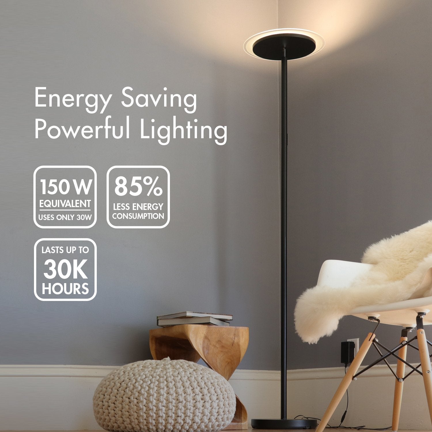 Tenergy Modern Torchiere Floor Lamp - 3000L LED, 30W, Remote Control, Touch Dimmer, Adjustable, Black, Model 59117