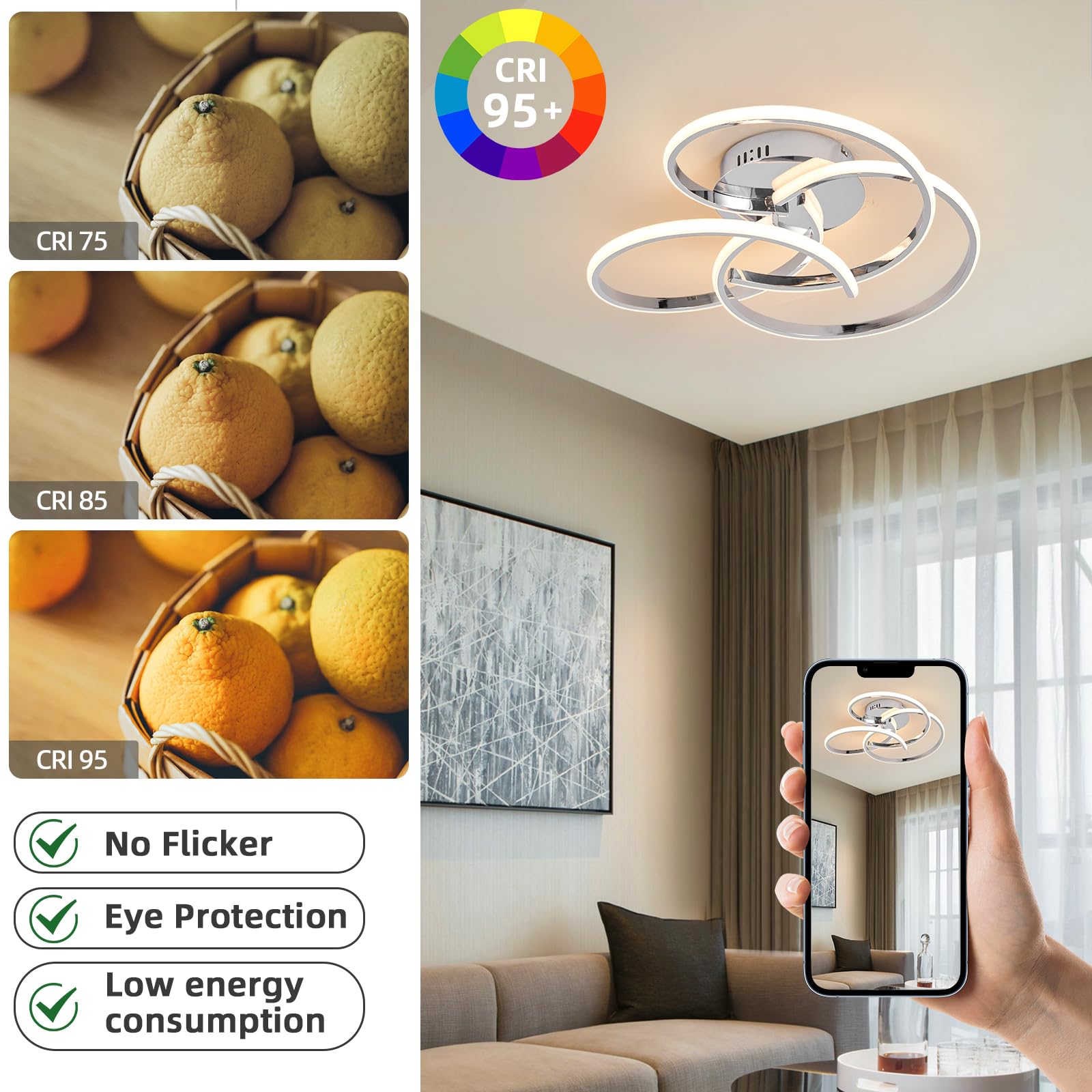 CANEOE Modern LED Ceiling Light Fixture, 42W Dimmable Flush Mount Lamp, Chrome, Model CL-3BH-D-US, Remote Control, for Bedroom, Living Room, Kitchen