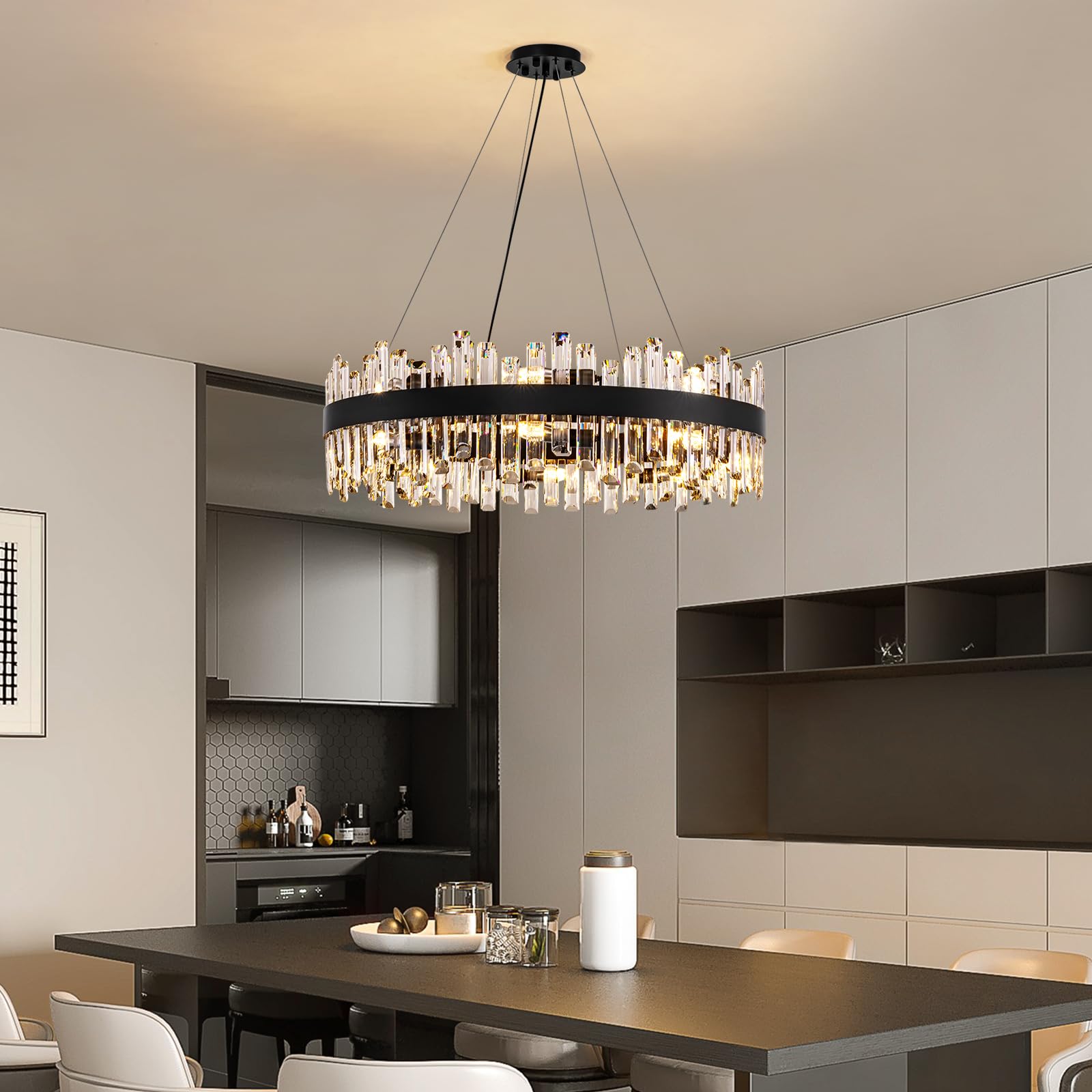 Siljoy Modern Black Crystal Chandelier 16 Lights Industrial Round 2-Tiers K9 Crystal Raindrop Chandelier Farmhouse Flush Mount P