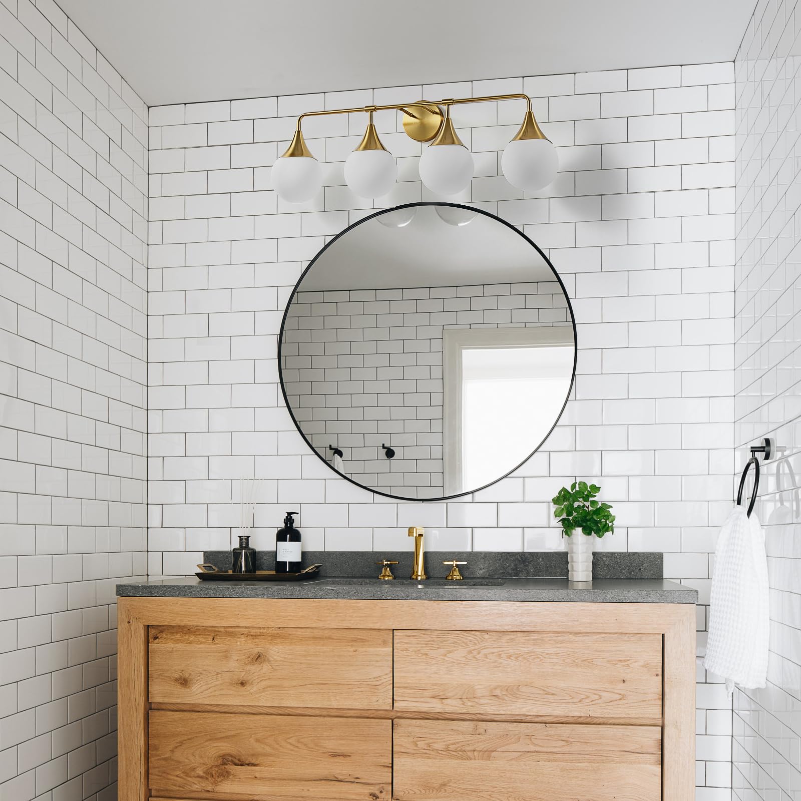 HAHZT 4-Light Bathroom Vanity Light Fixture - Mid Century Modern Brass Gold Sconce with Milky Glass Ball Shades - Model 8089ML