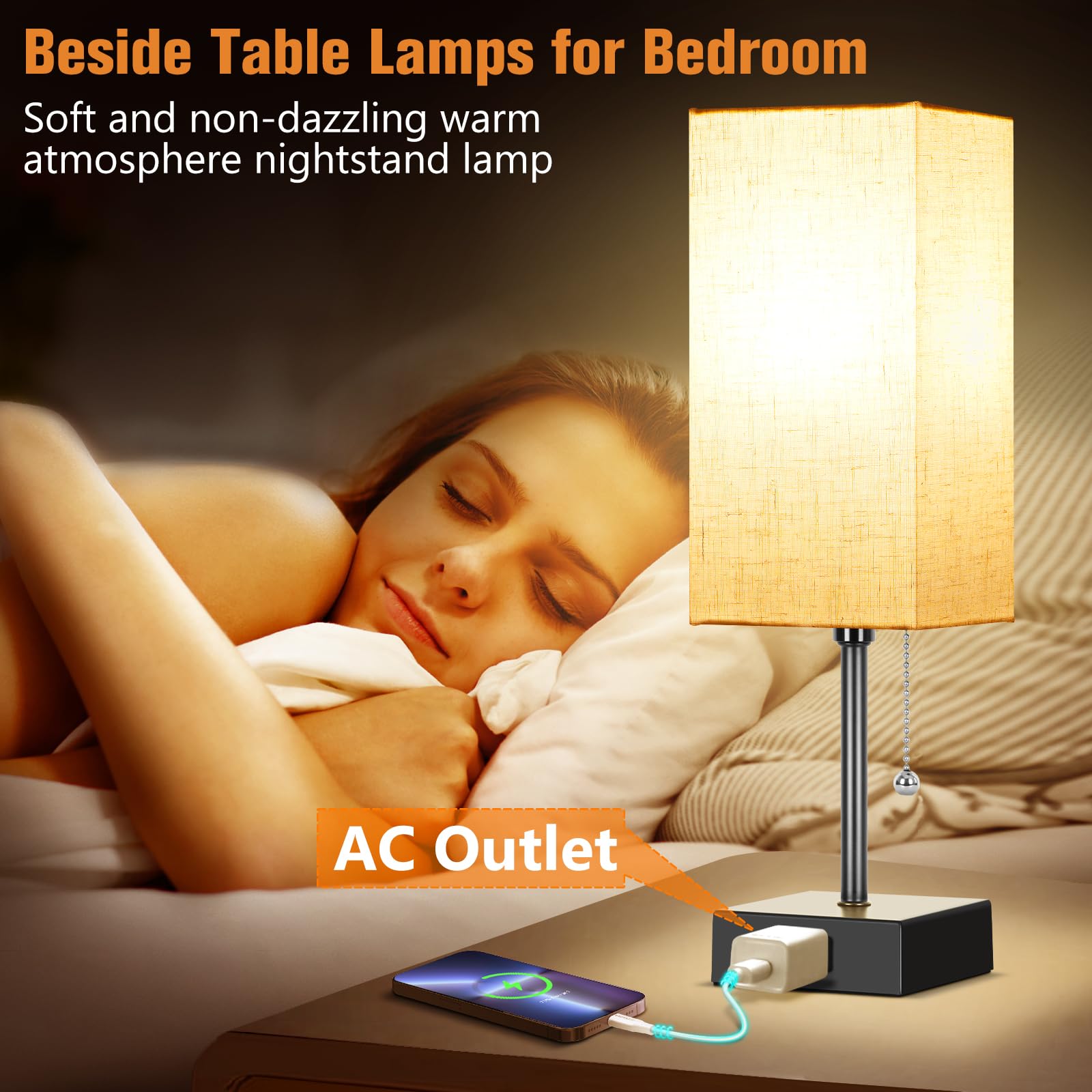 PLMMY Table Lamp Set of 2, 14 Inch Metal Bedside Lamps with Flaxen Shade, 3 Color Temperatures, Pull Chain, AC Outlet